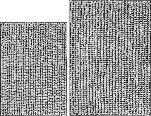 POLYTE Premium Microfibre Shaggy Chenille Bath Mat Non Slip, 51 x 81 cm / 43 x 61 cm , Set of 2 (Gray/White)