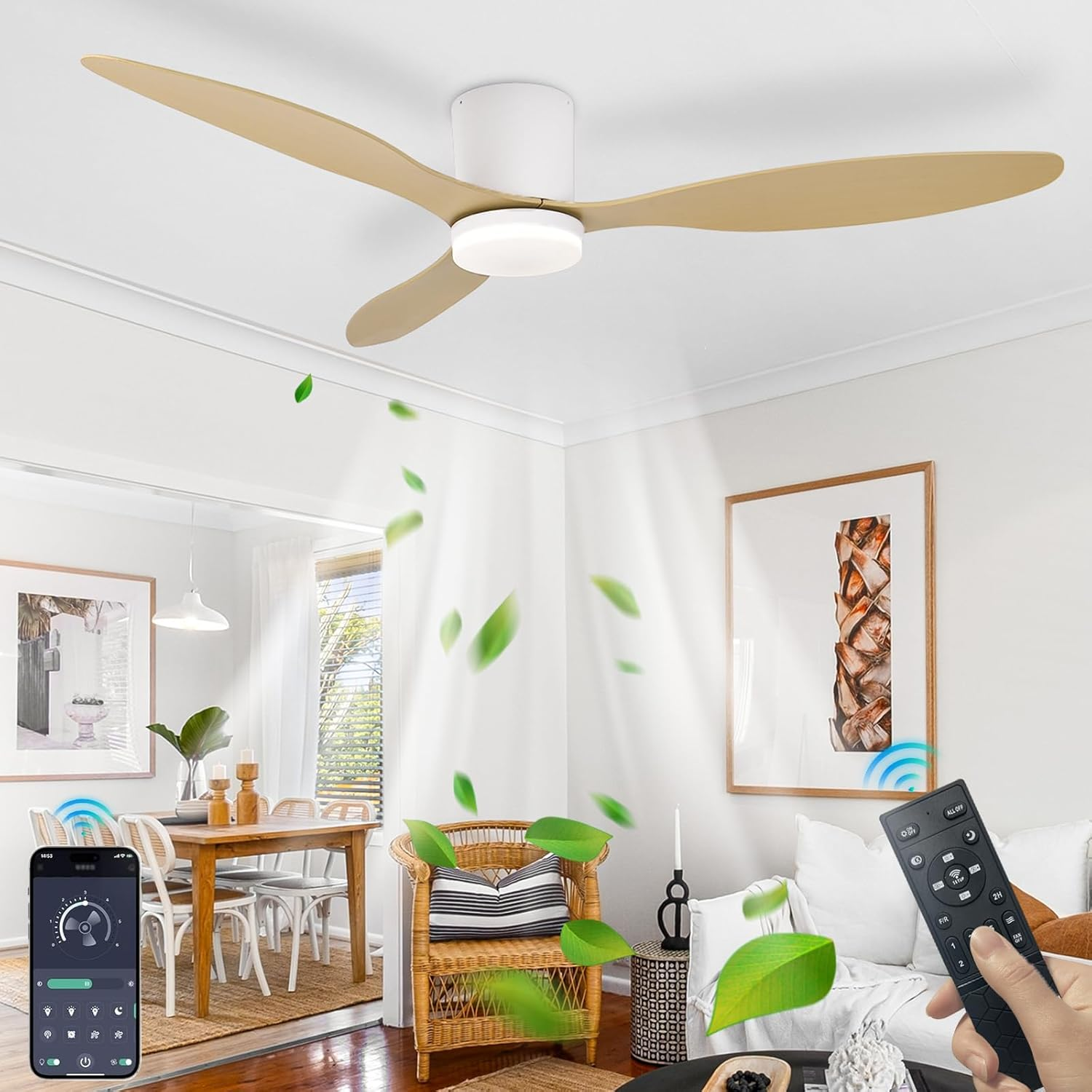 Ventilateur De Plafond Avec Lumière LED Et Télécommande - 100 Cm, 6 Vitesses, 3 Couleurs De Lumière - Design Bois, Silencieux - Pour Chambre Ou Salon