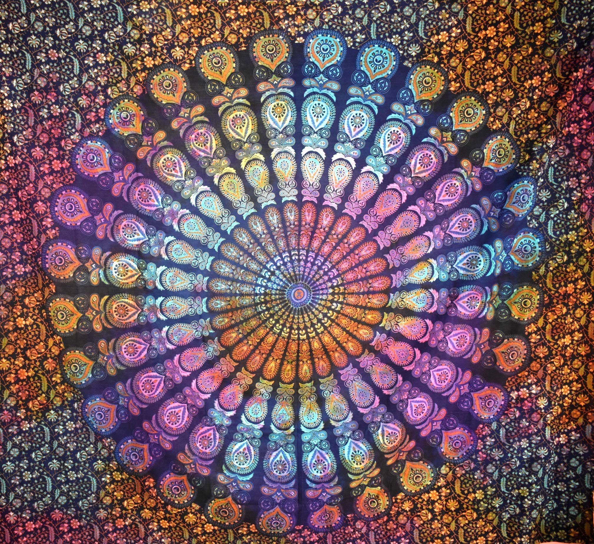 Tapisserie Mandala Jaïpur Traditionnelle en Pur Coton Motifs Plume de Paon