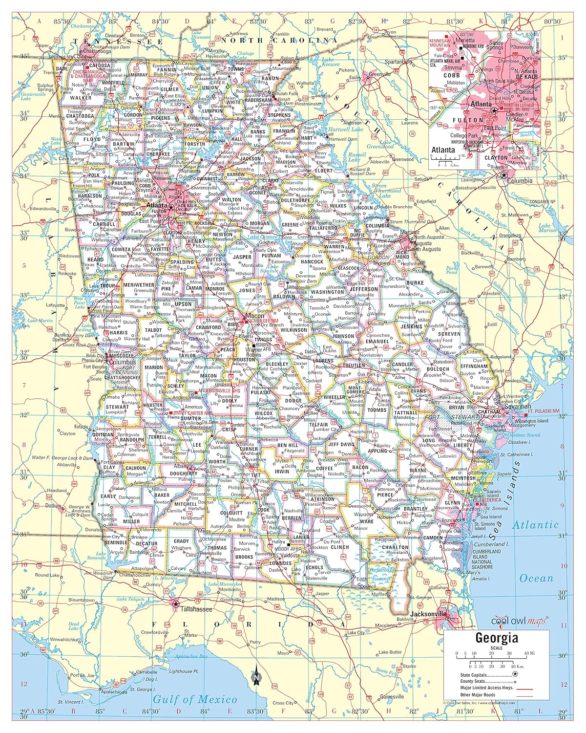 Cool Owl Maps Georgia State Wall Map Poster Rolled 24Wx30H (laminated) Office Product