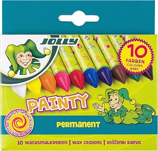JOLLY Painty crayones de cera, caja de cartón de 10, envueltos en papel, aptos para encáustica, buenos para manos pequeñas, colores intensos y opacos, no tóxicos, extragruesos, pintura limpia
