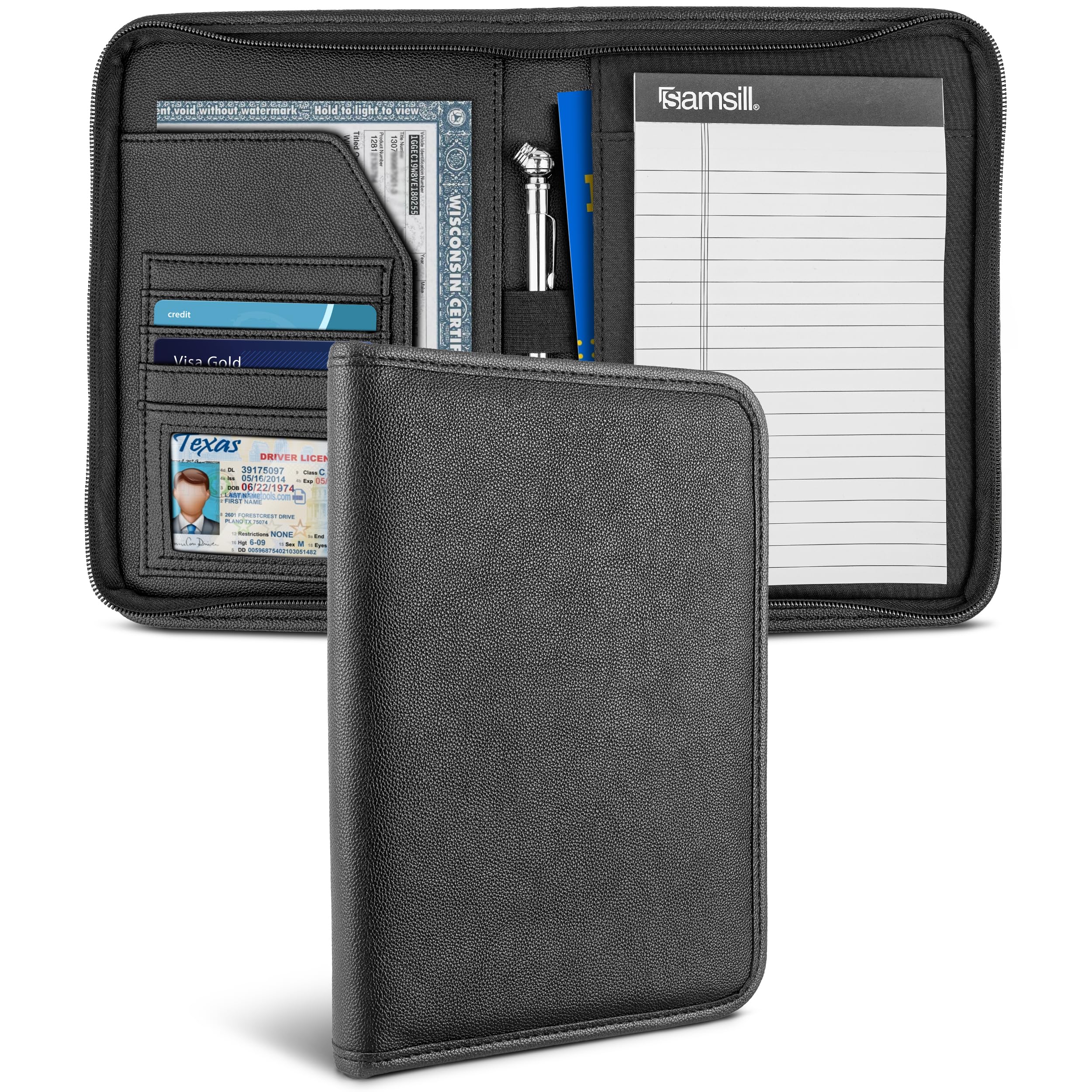Samsill Organizador de guantera, organizador de coche con cremallera, manual del propietario, soporte para documentos de coche, color negro