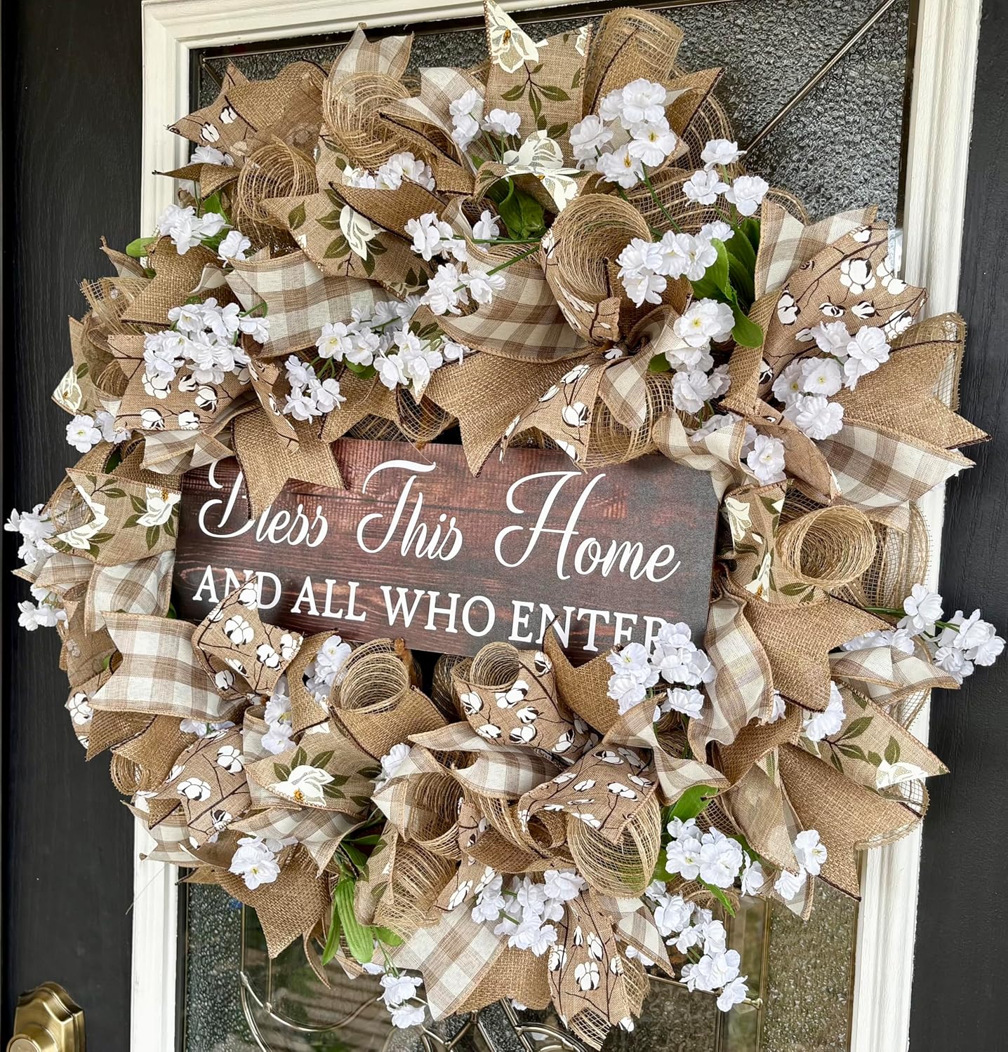Bless This Home Magnolia & Cotton Deco Mesh Front Door Wreath, Farmhouse Farm Style Decor, Porch Patio Decoration, Fall, Spring, Summer, Everyday Wedding Decor