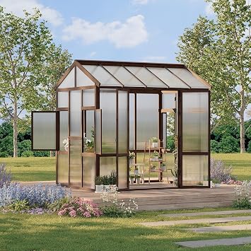 6x8 FT Heavy Duty Walk-in Wooden Greenhouse - Outdoor Green House Kit with 6mm Polycarbonate, Ventilated Window & Lockable Door for Backyard, Patio, Lawn