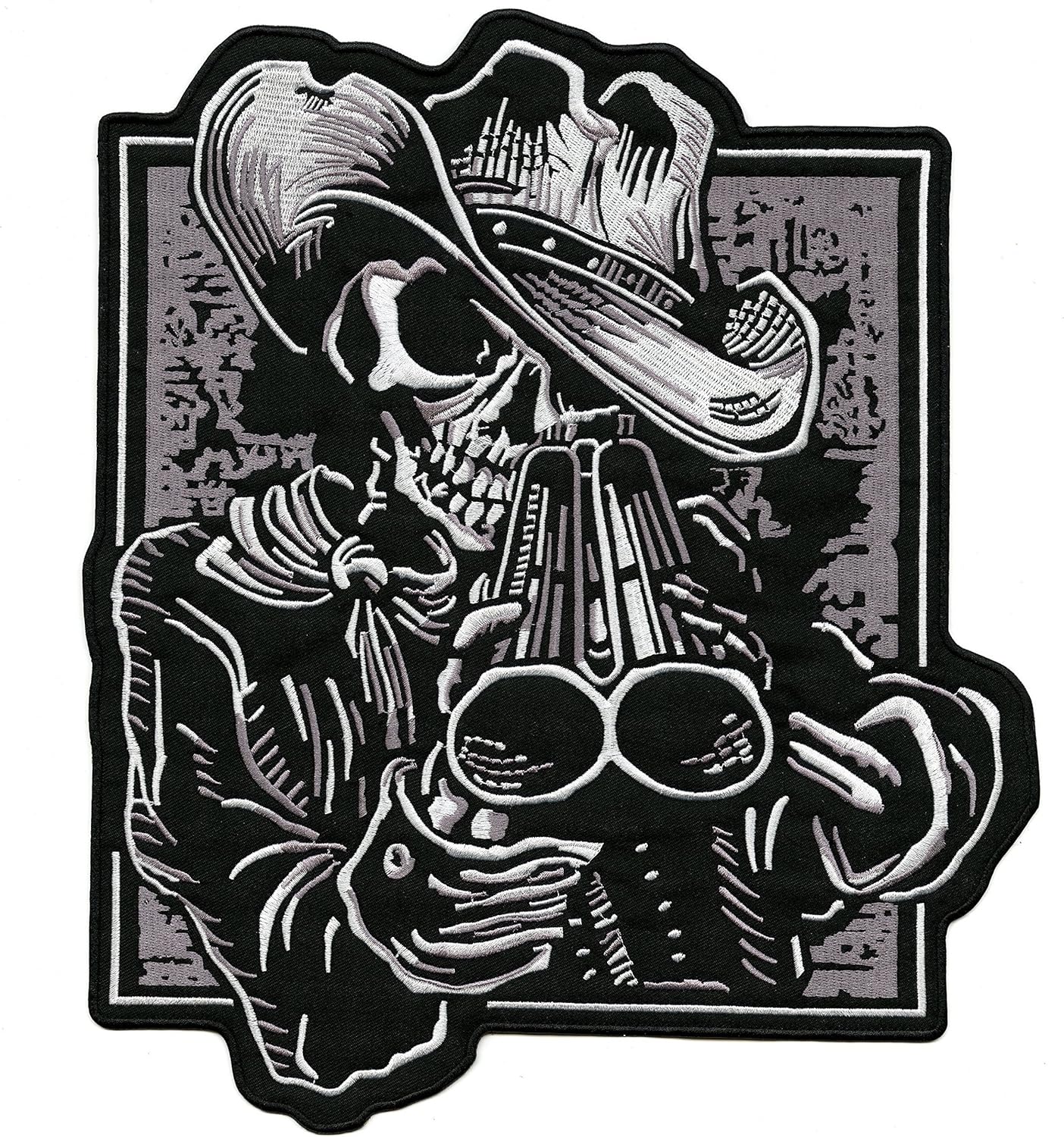 Shotgun Skeleton Patch 12.5" | Double Barrel Realistic Embroidered Skull Biker Cowboy | Iron On, Large - by Nixon Thread Co.