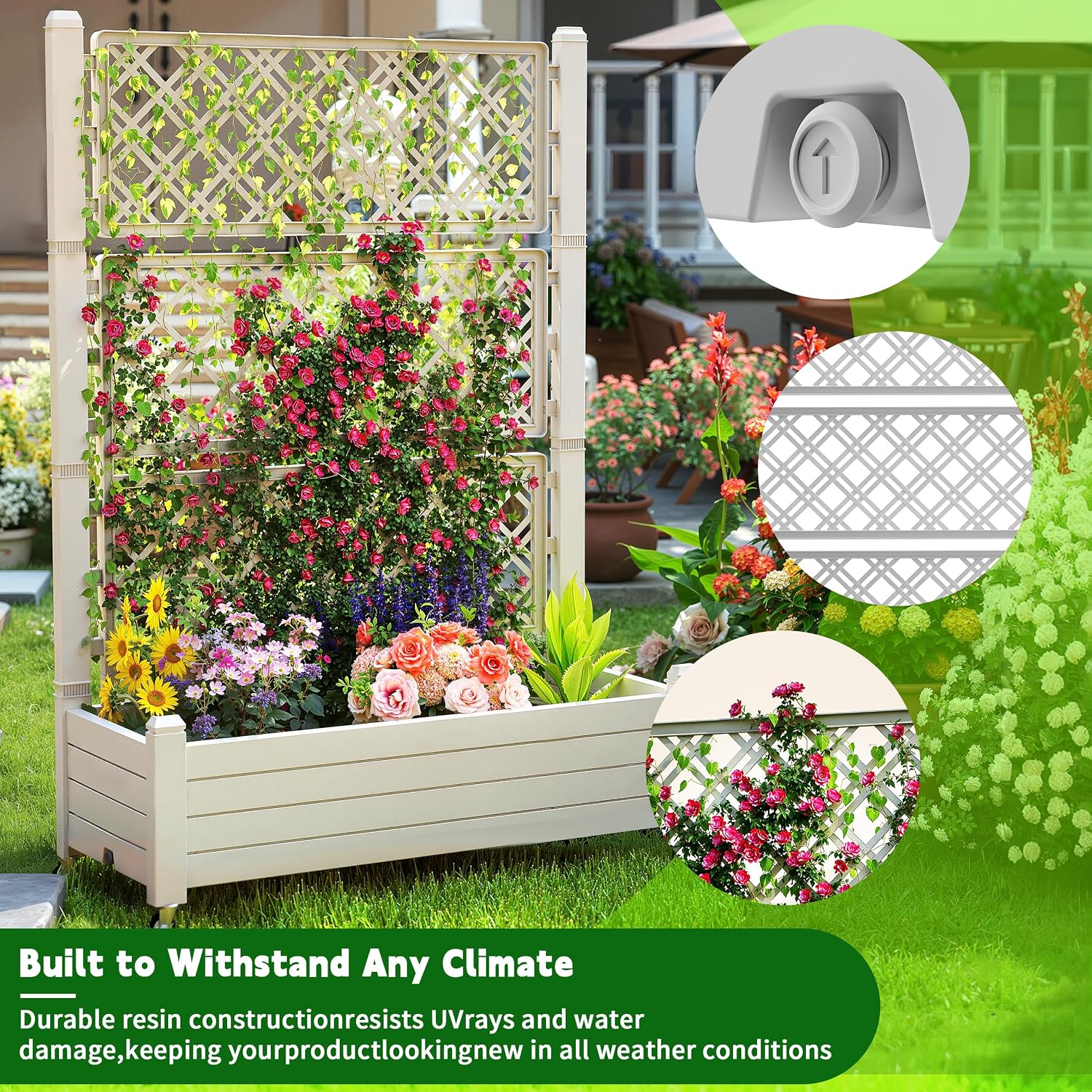 EasyUp Raised Garden Bed with Trellis for Climbing Plants,Outdoor Herb Garden Planter with Drainage Plug and Gauge,Durable Dust-Proof Resin for Garden, Patio, Balcony, and Backyard