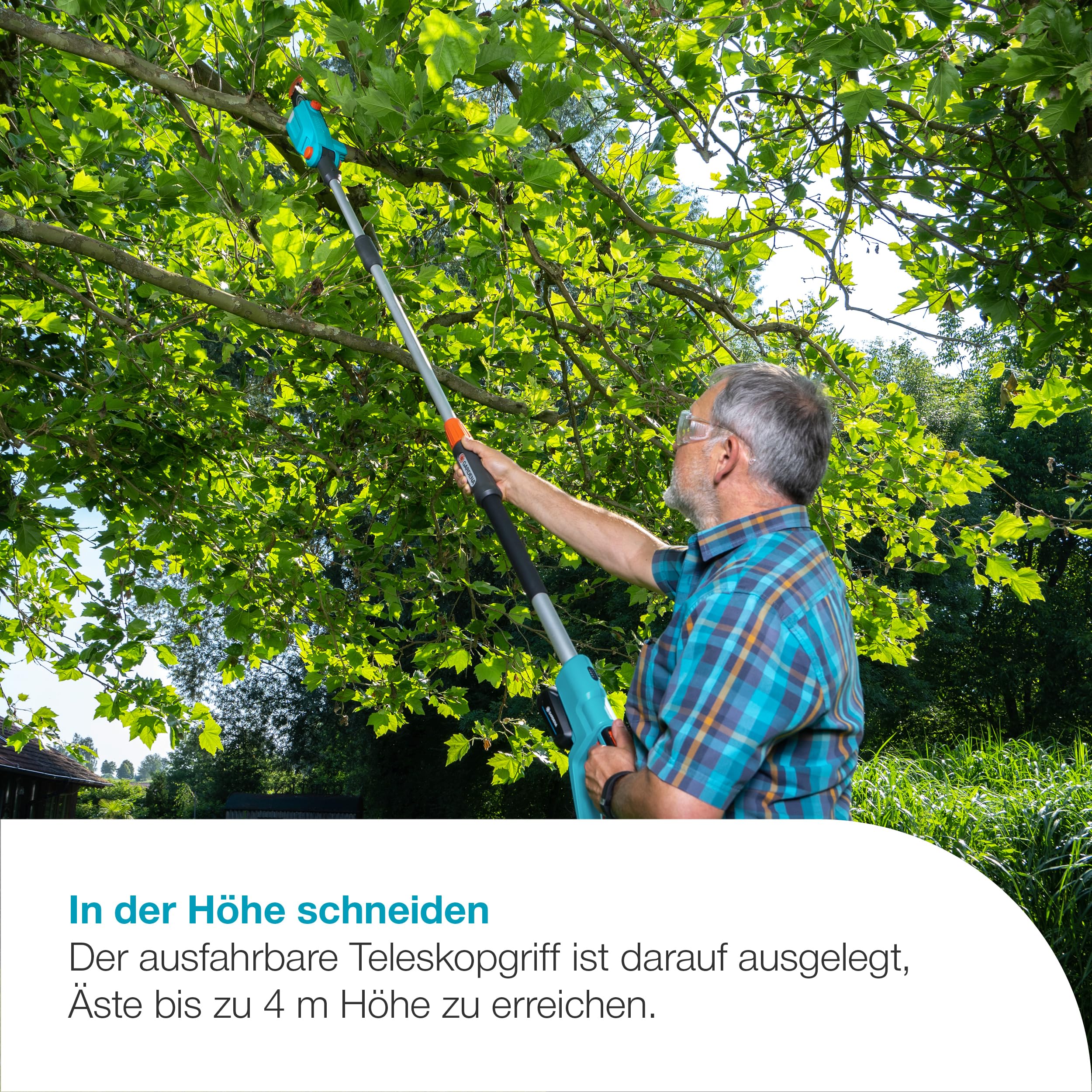 Gardena Akku-Teleskop-Hochentaster TCS 20/18V P4A Ready-To-Use Set: Teleskopgriff, Reichweite bis 4 m, Schneidunterstützung, Abwinkelbarer Schneidkopf, Kabellos (14770-20)