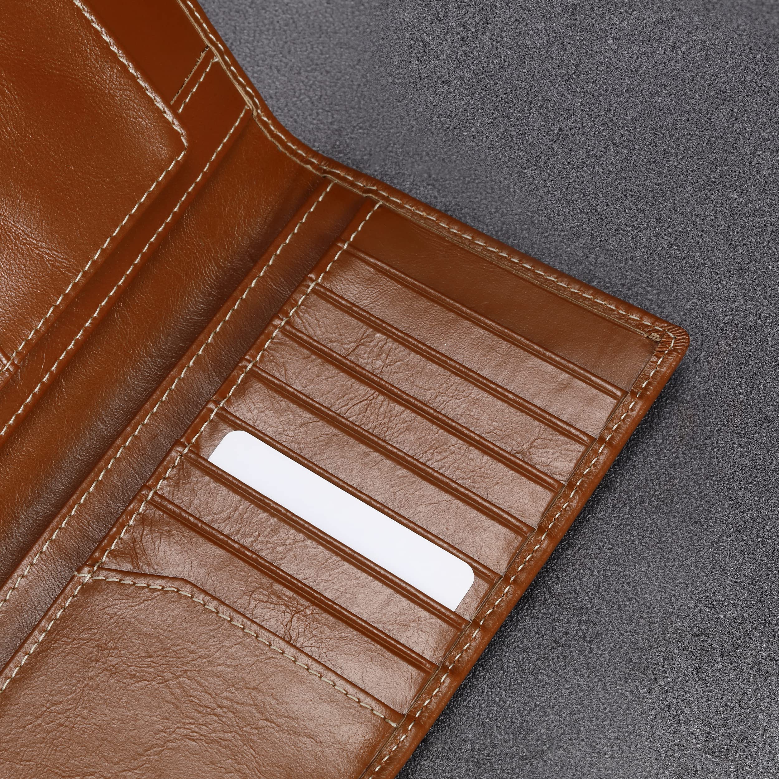 HISCOW Slim Leather Long Wallet For Men & Women - Italian Calfskin Bifold, Checkbook Size, Antiqued Brown (6.89x3.42in)