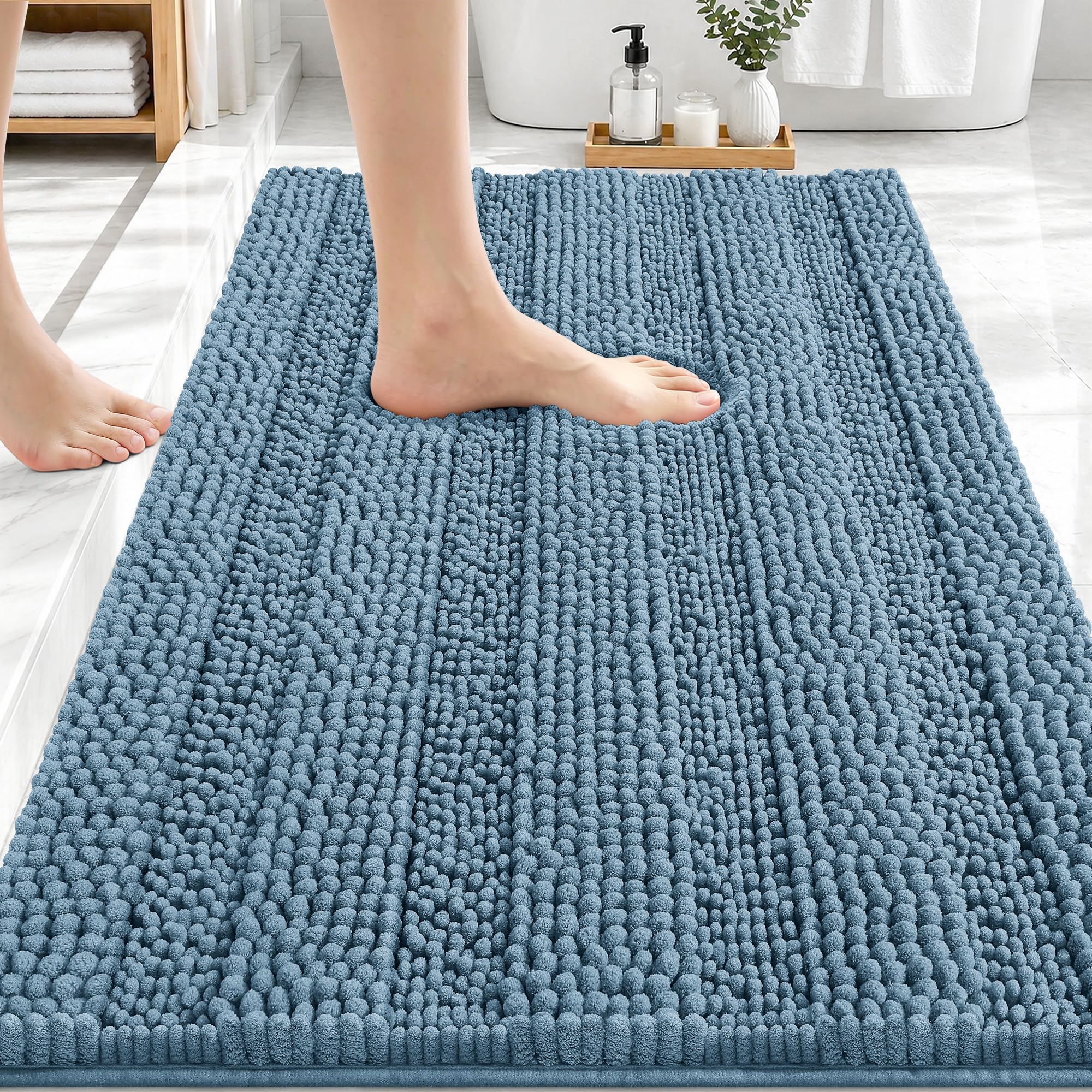 OLANLY Thick Bathroom Rugs 30x20, Chenille Striped Bath Rugs, Airy Blue