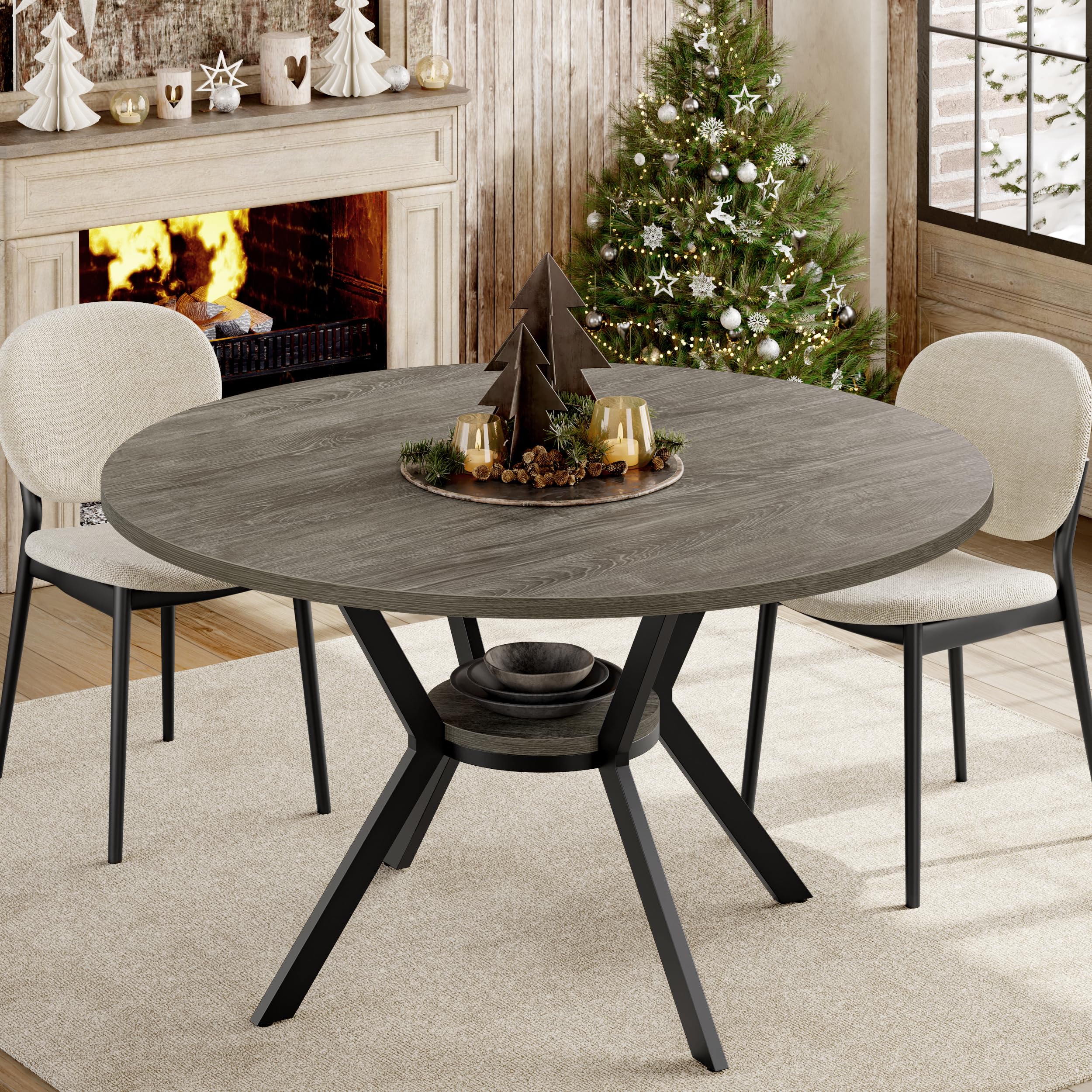 round dinner table for 2-4, 42 inch kitchen & dining room table with storage, wooden circle dining table, mid century modern dining table with metal legs for kitchen, living room, dining room, grey