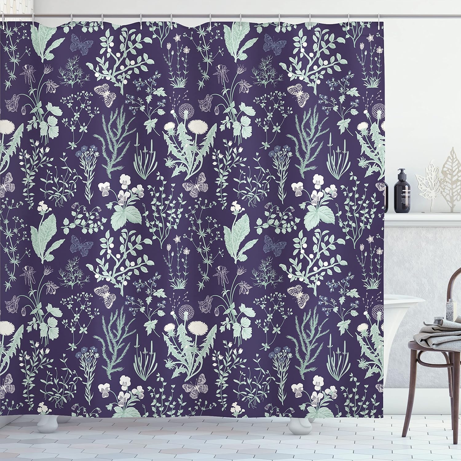 Ambesonne Floral Shower Curtain, Vintage Garden Plants Herbs Flowers Botanical Classic Design Illustration, Cloth Fabric Bathroom Decor Set with Hooks, 69" W x 70" L, Dark Purple