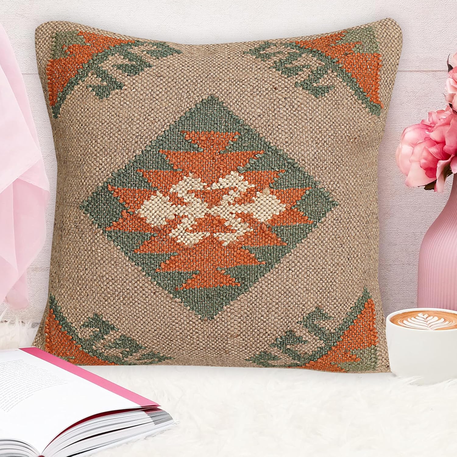 Indian Vintage Kilim Square Pillow Cover 18X18 Pillows Boho Ethnic Cushion Cover, Decorative Handmade Wool Jute Outdoor Cushion Case