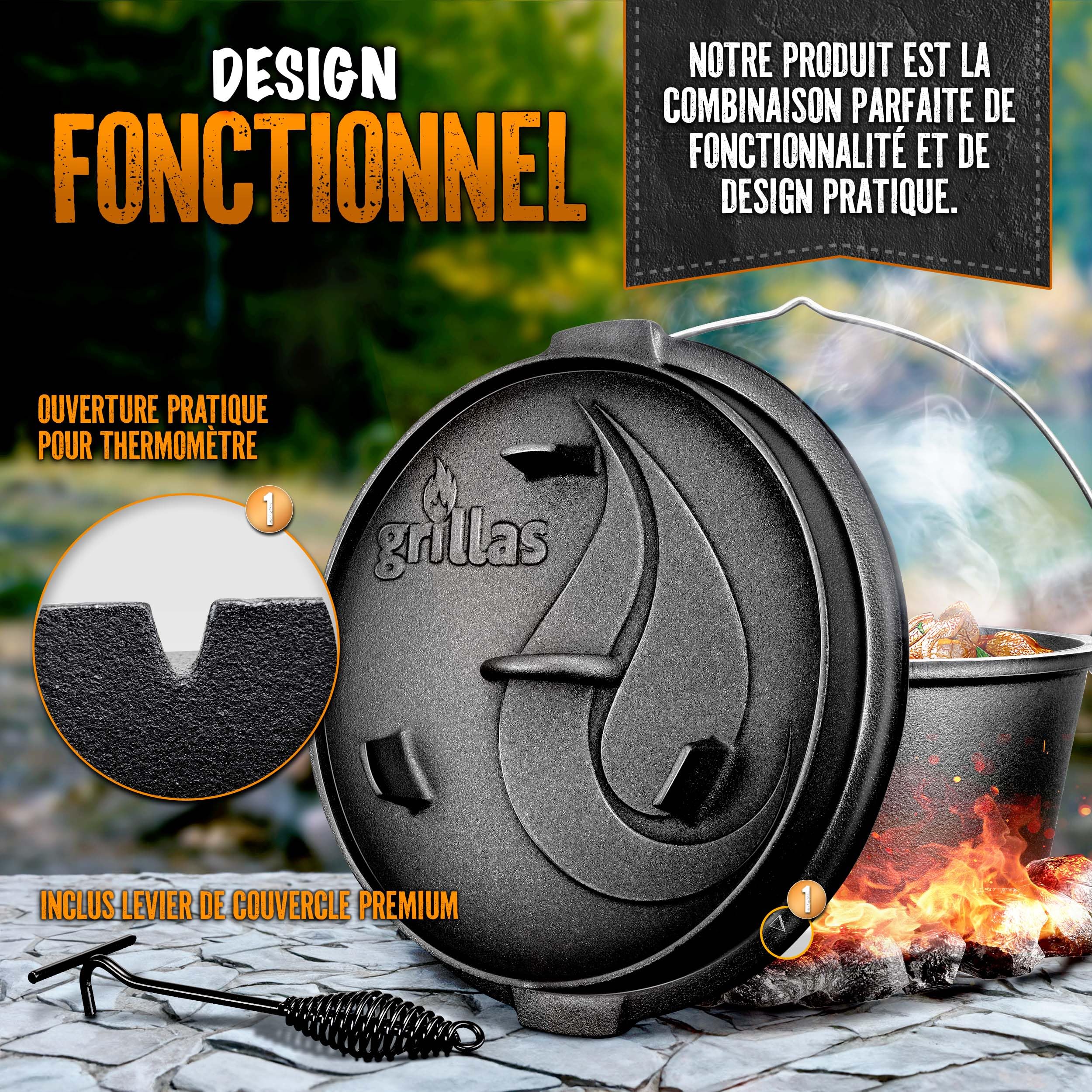 grillas® Dutch Oven Set Premium Série | Pré-assaisonné | Casserole en fonte I Rôtissoire avec soulève-Couvercle