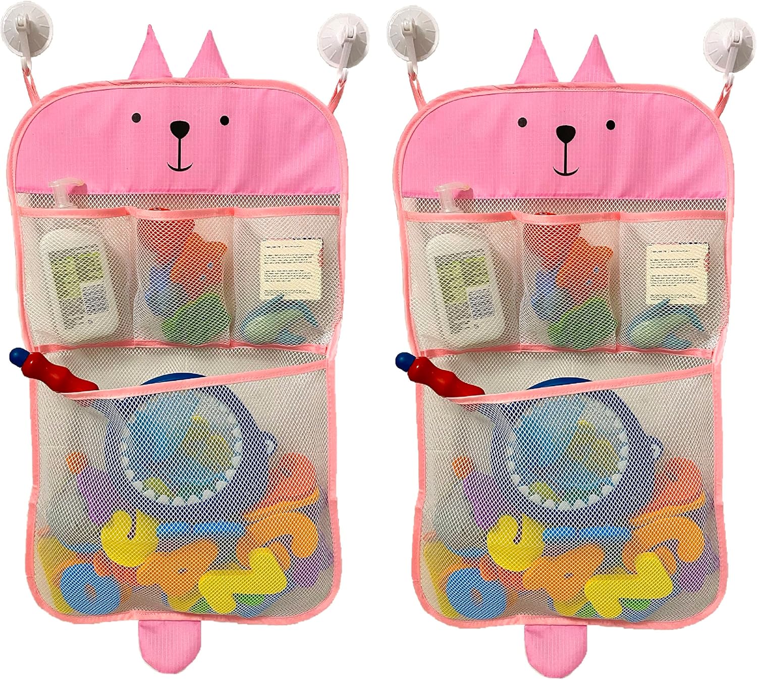 2 x Cute Mesh Bag Toy Organizer/Shower Caddy with 8 hooks for Toddler/Baby/Kid Bath