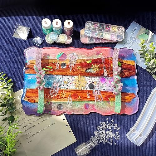 Miniatura 6 de Geode - Bandeja de resina de ágata para epoxi, arcilla polimérica, plato, tabla de servir, con marco de metal, redondo de 10.2 pulgadas