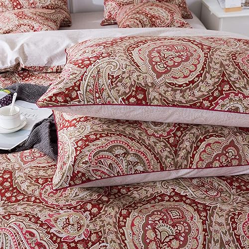 Miniatura 4 de FADFAY Juego de funda de edredón reversible con estampado de cachemira, mezcla de rojo y beige, 100% algodón, con cremallera, agradable a la piel,