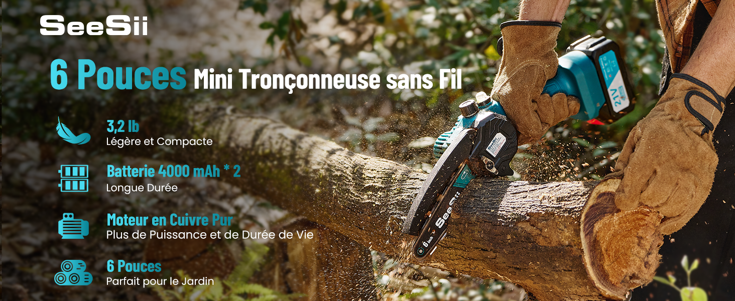 Tronçonneuse Électrique Seesii 6 Pouces - Sans Fil 8000mAh 2 Batteries