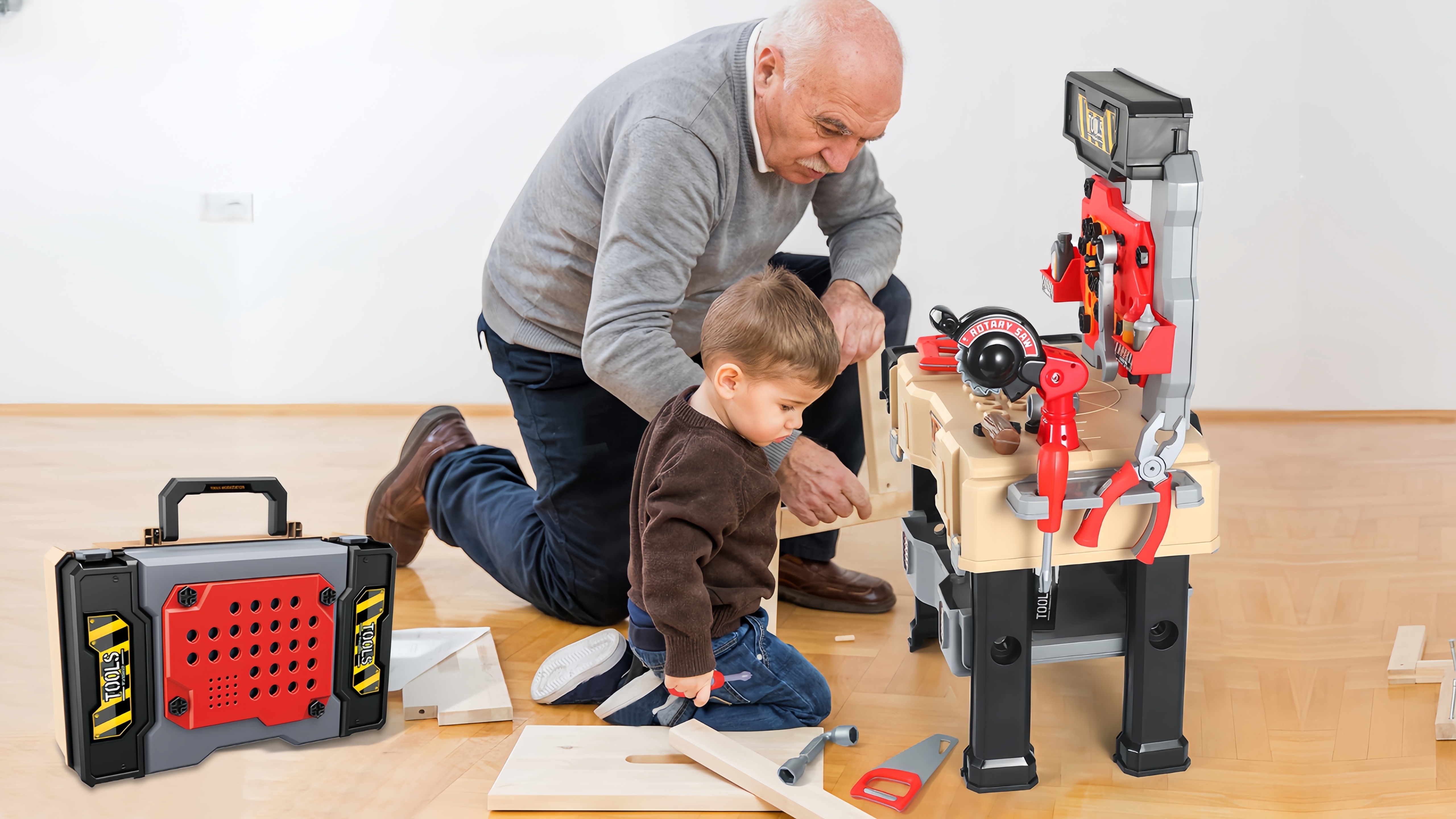 Établi Enfant Aiqi – 79 Pièces Outils Simulation Déformables, Perceuse électrique, Scie, Vêtements, Jeu Rôle éducatif 3 Ans+