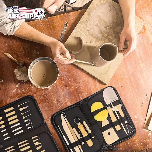 Vista 6 de US Art Supply 26 unidades de herramientas para trabajar cerámica y arcilla, herramientas para escultura, con funda