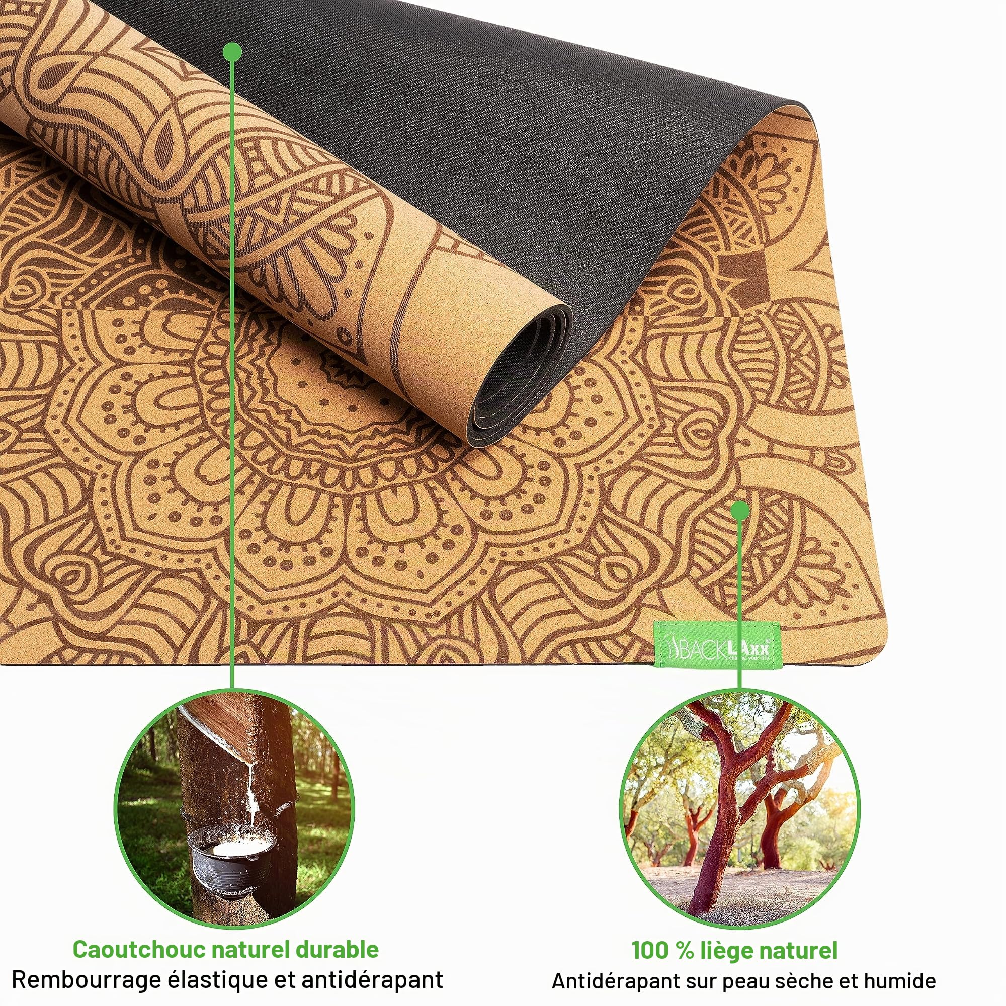 BACKLAXX® Tapis de Yoga en Liège et Caoutchouc Naturel, Antidérapant 4 mm