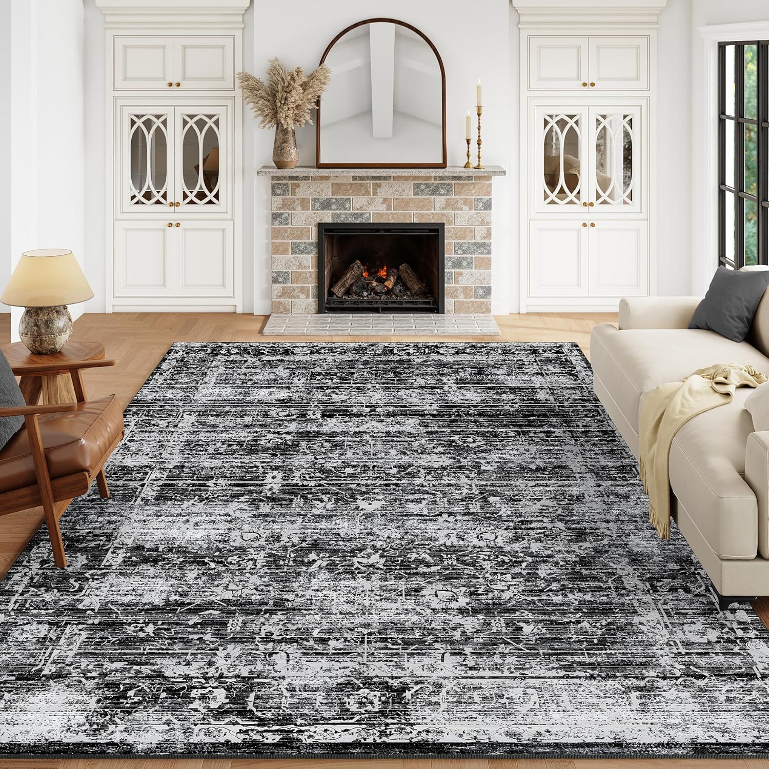 8x10 Washable Area Rugs for Living Room, Neutral Boho Rugs for Bedroom, Vintage Large Soft Faux Wool Carpet for Nursery, Playroom, Office, Dinning Room, Non Slip, Low Pile, Black, Dark Grey