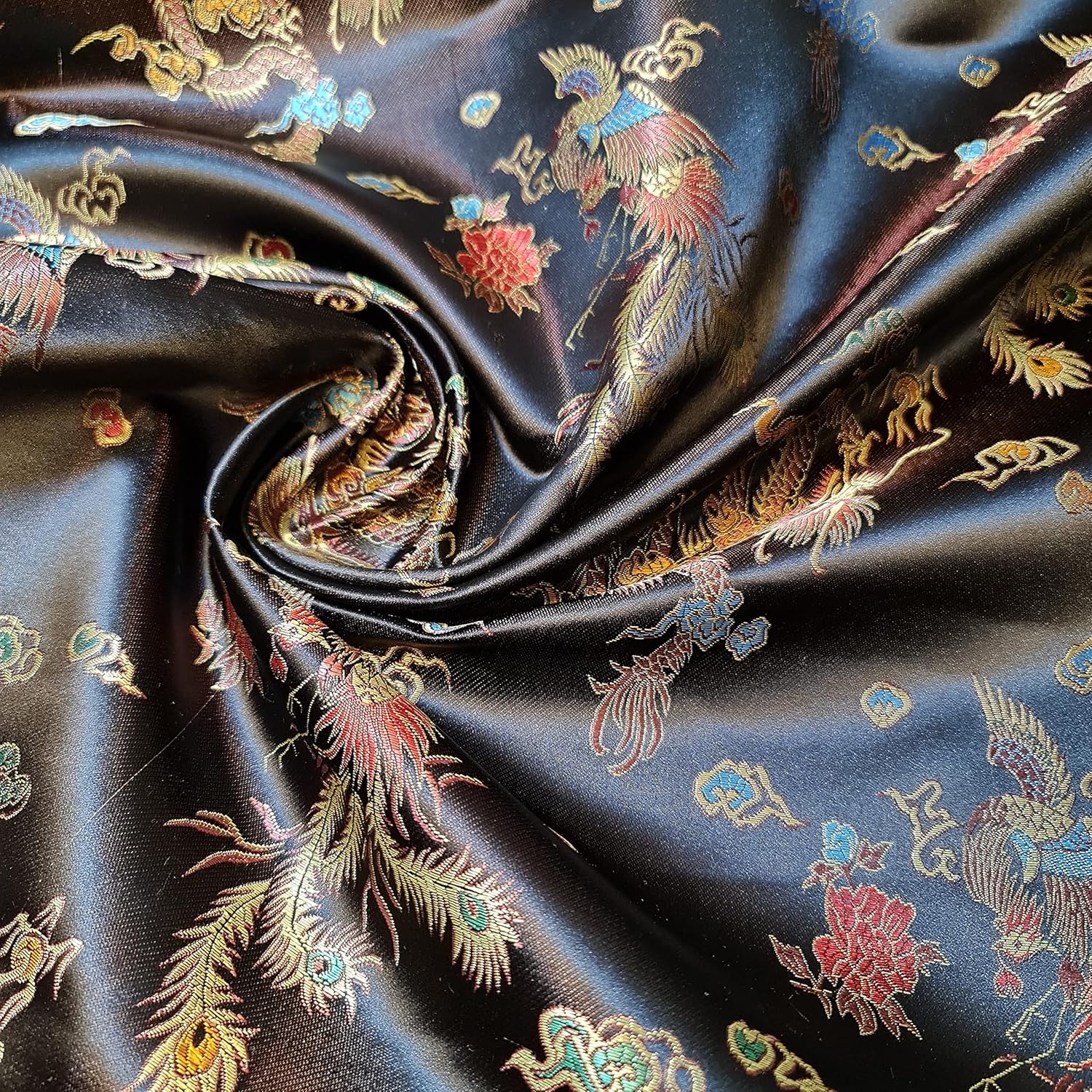Oriental Chinese Embroidery Brocade Poly Silk Satin Oriental Dragon Fabric 36" (Black-Brown, 1 Meter)