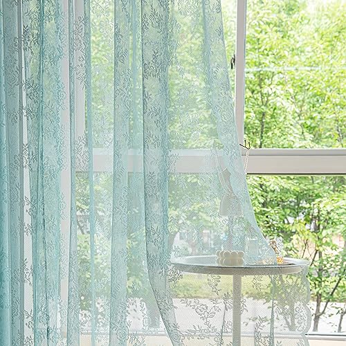 Sutuo Home Juego de 2 cortinas de encaje azul turquesa de 84 pulgadas de largo, paneles transparentes con bordado floral de rosas, par de ventanas