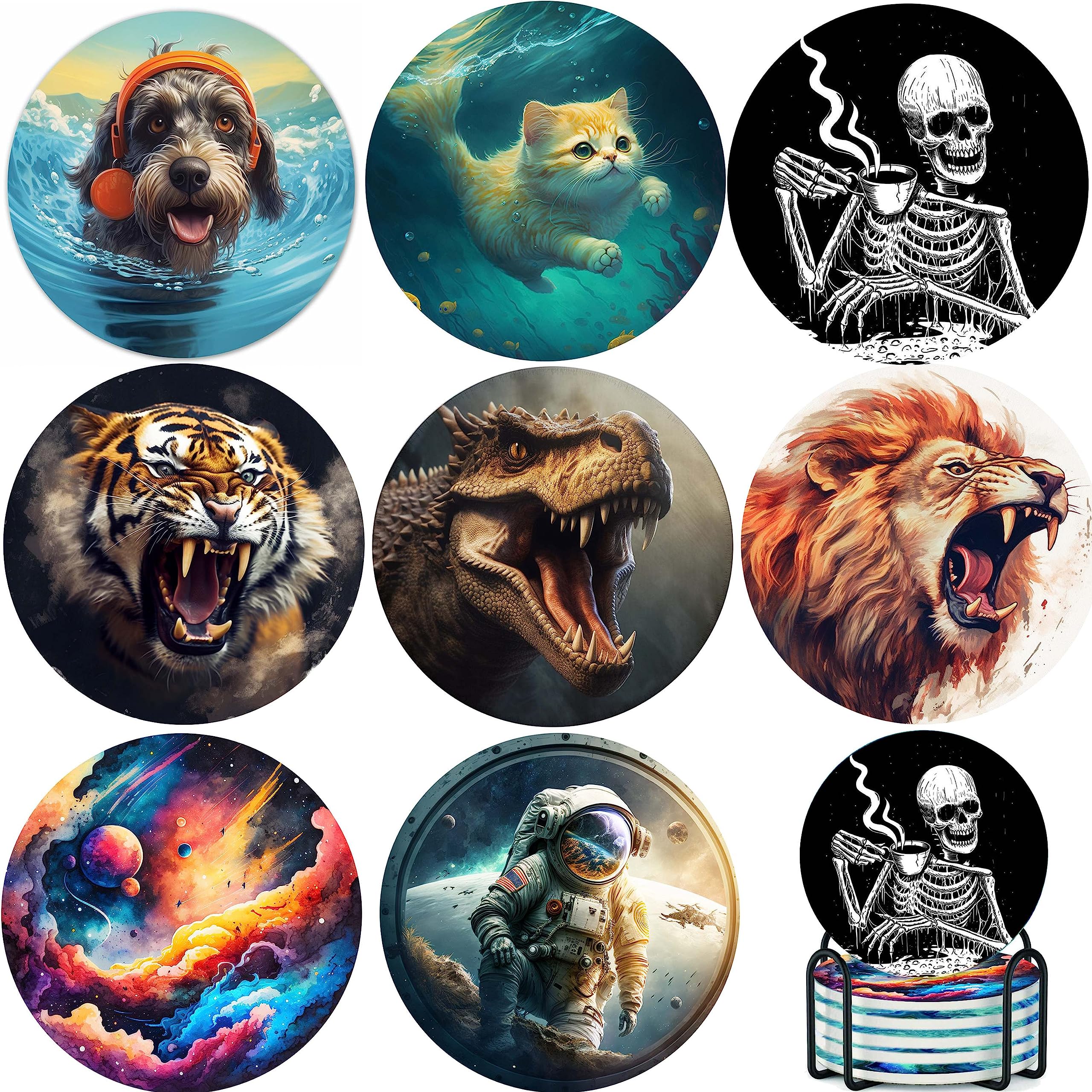 COKTAK 8 Pcs Ceramic Coasters For Drinks Absorbent With Holder, Lion Tiger Skull Skeleton Coasters For Dining Table Desk, Astronaut Coffee Cup Coaster Tabletop Protection Bar Home Decor Housewarming