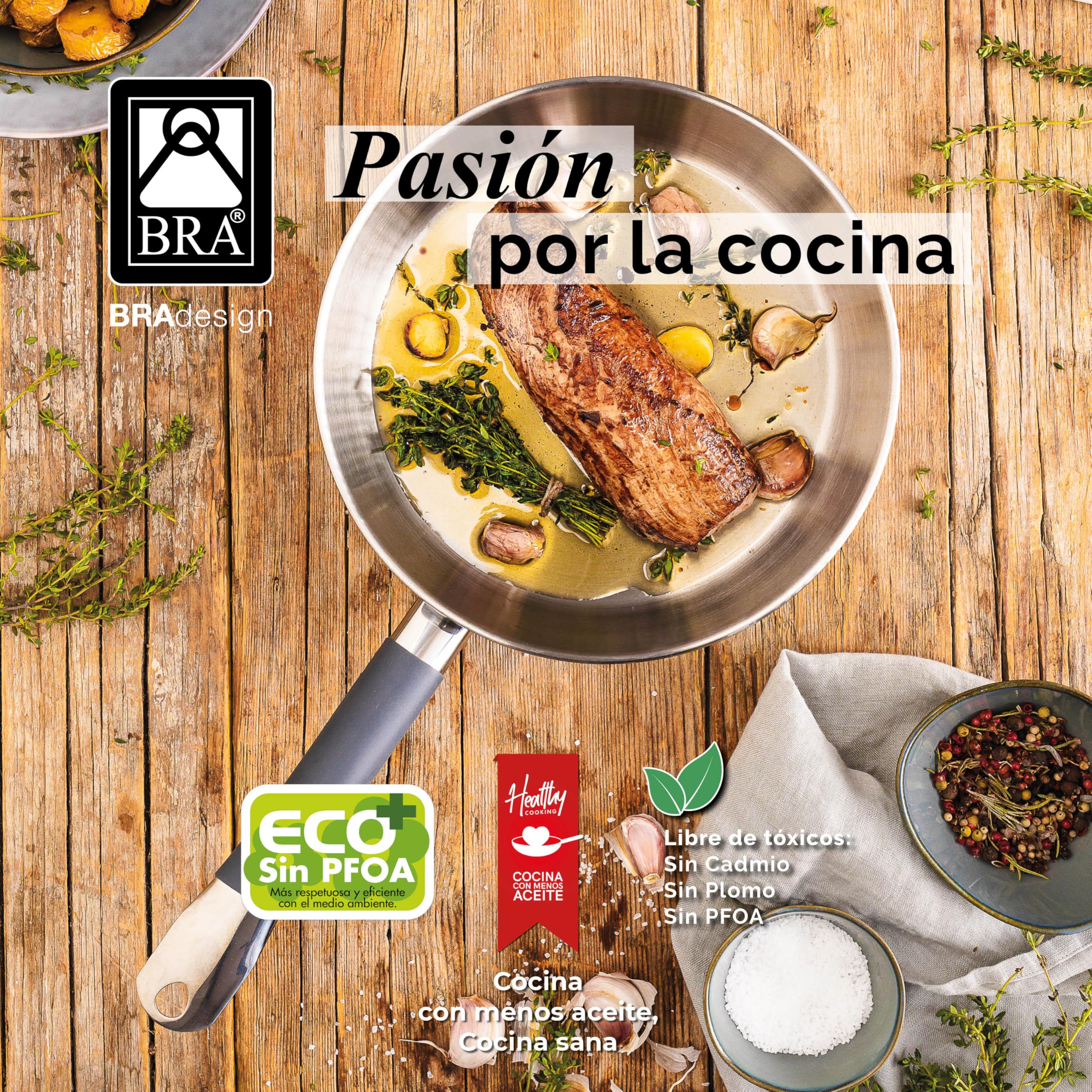 BRA Master | Sartén 26 cm, Acero Inoxidable, Sin Antiadherente, Sin PFOA, Full Induction, Apta para todo tipo de Cocinas, Mango acero inoxidable recubierto de Silicona — view 5