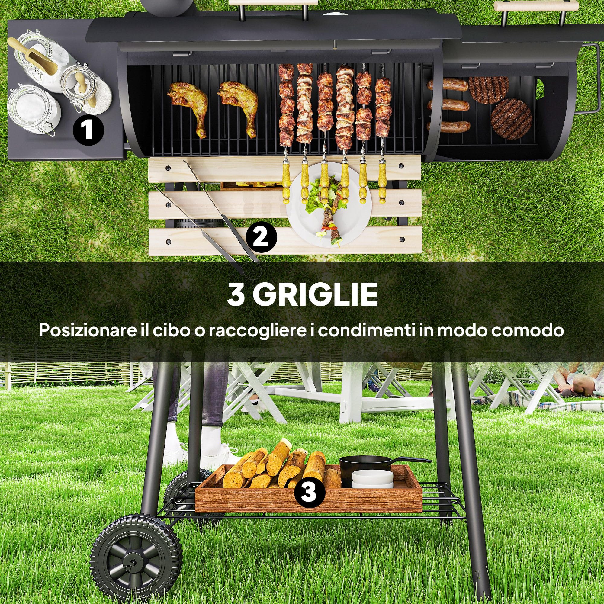 Outsunny Barbecue a Carbone con Coperchio e Affumicatore, BBQ da Giardino 124x53x104 cm Nero