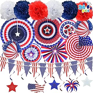 JOYIN 34 Pcs July 4th Party Supplies of 6 Paper Fan, 6 Pompoms Flowers, 2 American Flag Ball, 18 Swirl Streamer, 2 USA Flag Pennant Bunting for Independence Day, Memorial Day, Patriotic Party Favors