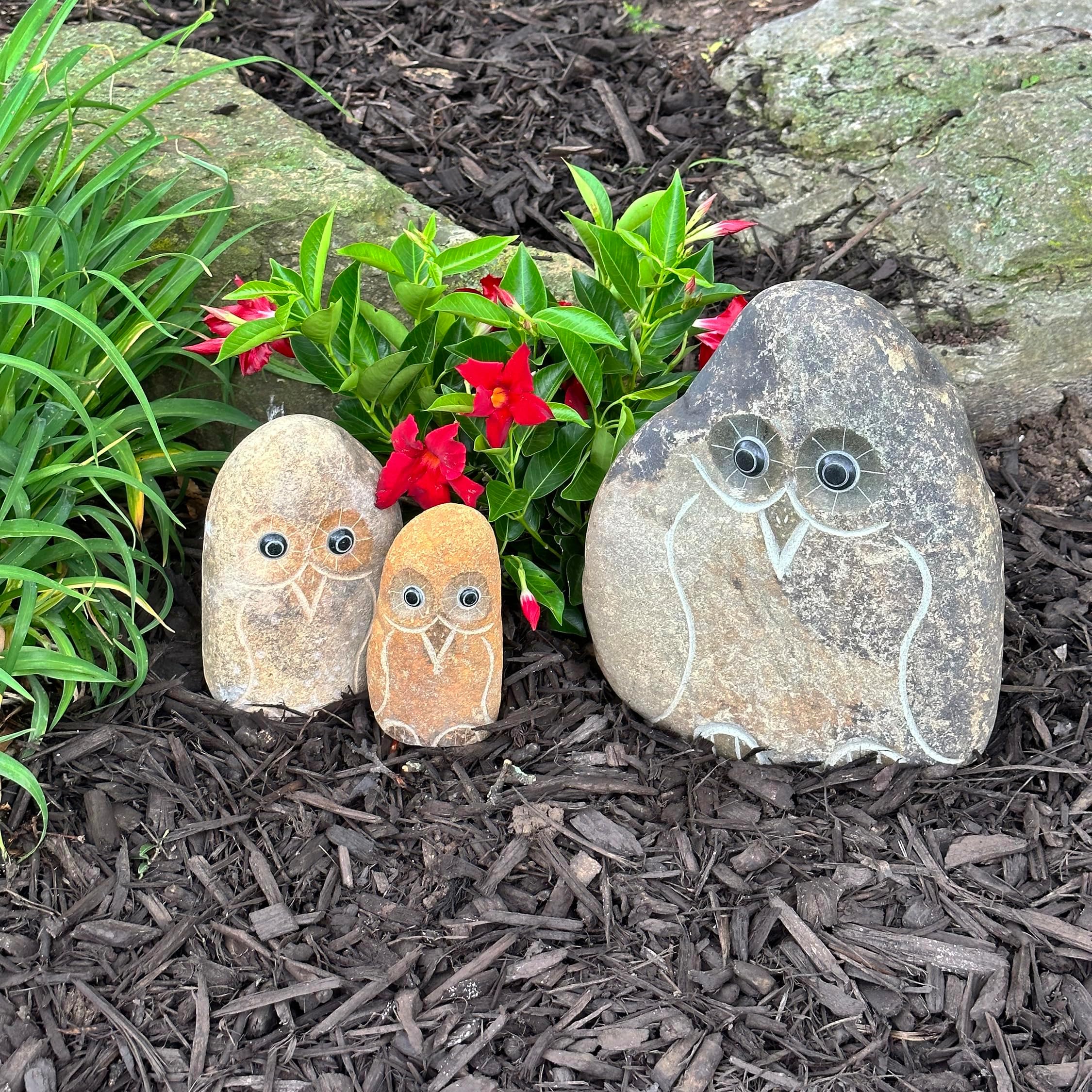 Stone Age Creations Boulder Owl Family – Set of 3 Hand-Carved Granite Garden Statues – 6", 8", and 12" Natural Stone Animal Décor – Eco-Friendly Outdoor Gift
