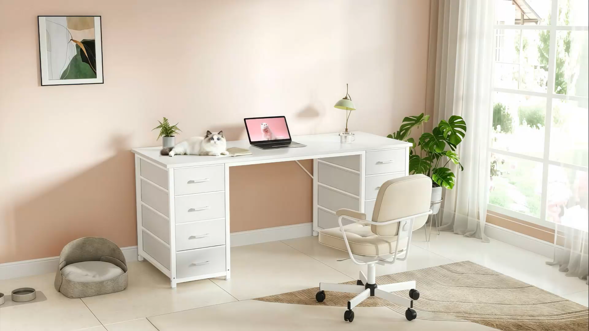 Amazon.com: ODK 48 Inch White Computer Desk with 8 Fabric Drawers