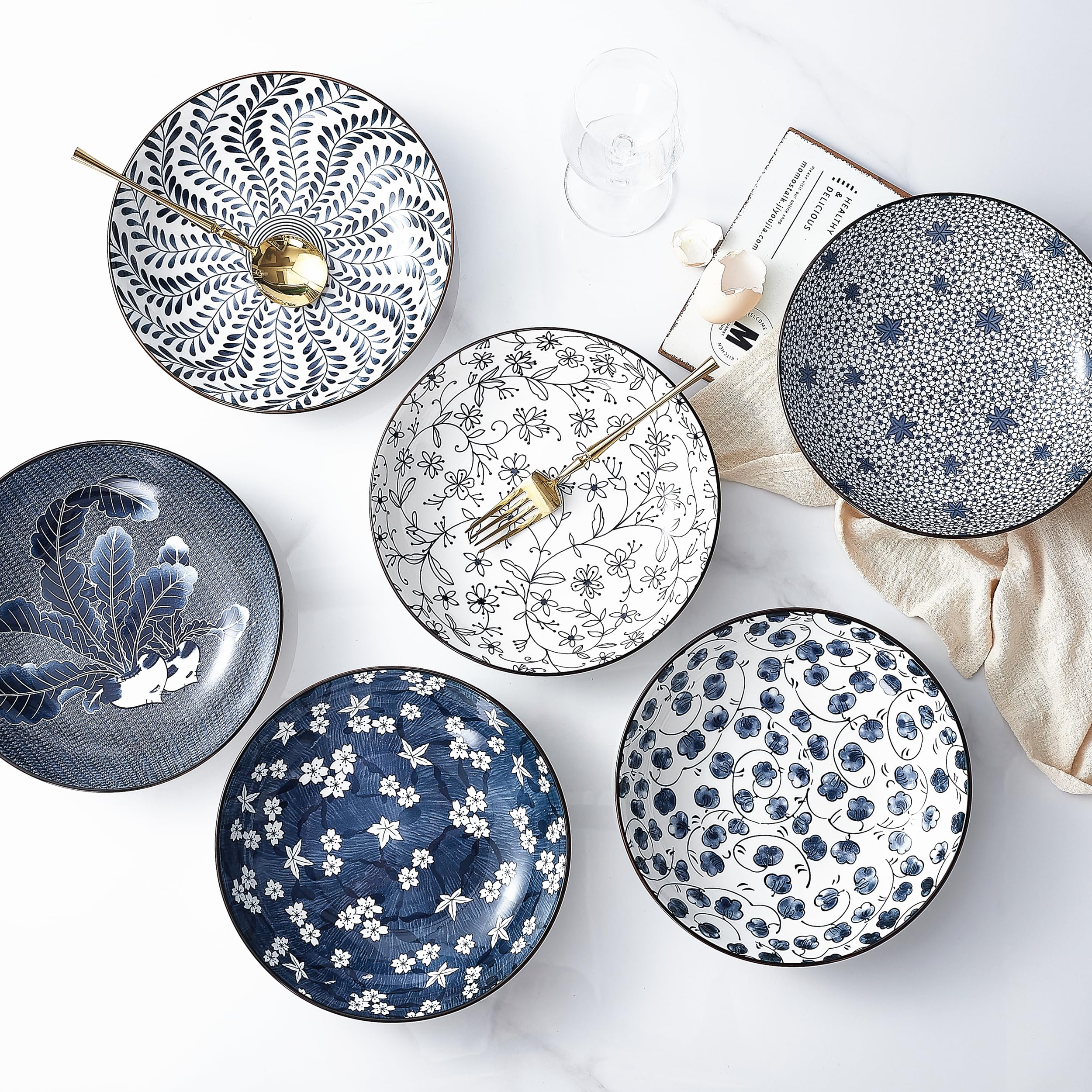 Ceramic 1100ml Salad Bowls Set of 6,9 inch Trifle Bowl for Fruit Salad Sweets Snack Party Food,Large Mixing Pasta Bowls Microwave and Oven Safe(Blue and White) - Image 3