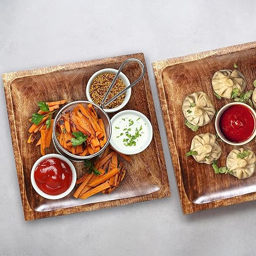 Miniatura 8 de Platos de madera, platos llanos de madera de mango, platos redondos para servir, juego de 4, regalos del día de la madre, platos de queso, bandeja