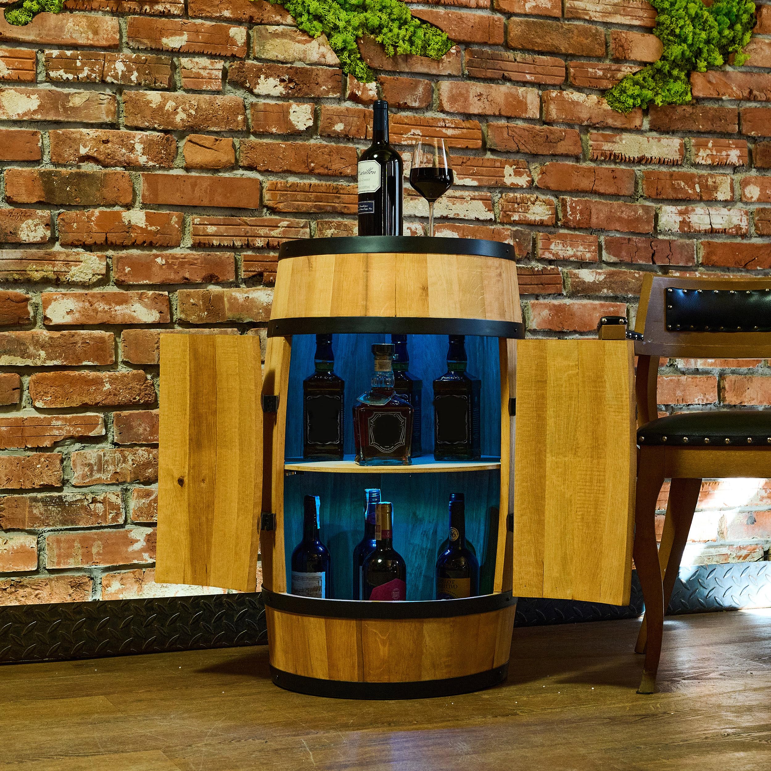 CREATIVE COOPER Weinregal Holz mit Tür mit LED RGB - Alkoholschrank Flaschenregal Holz - Holzfass - Fassmöbel - Weinständer - Weinfass - Weinbar - Fass bar mit Tür - minibar 80 cm High (Eiche)