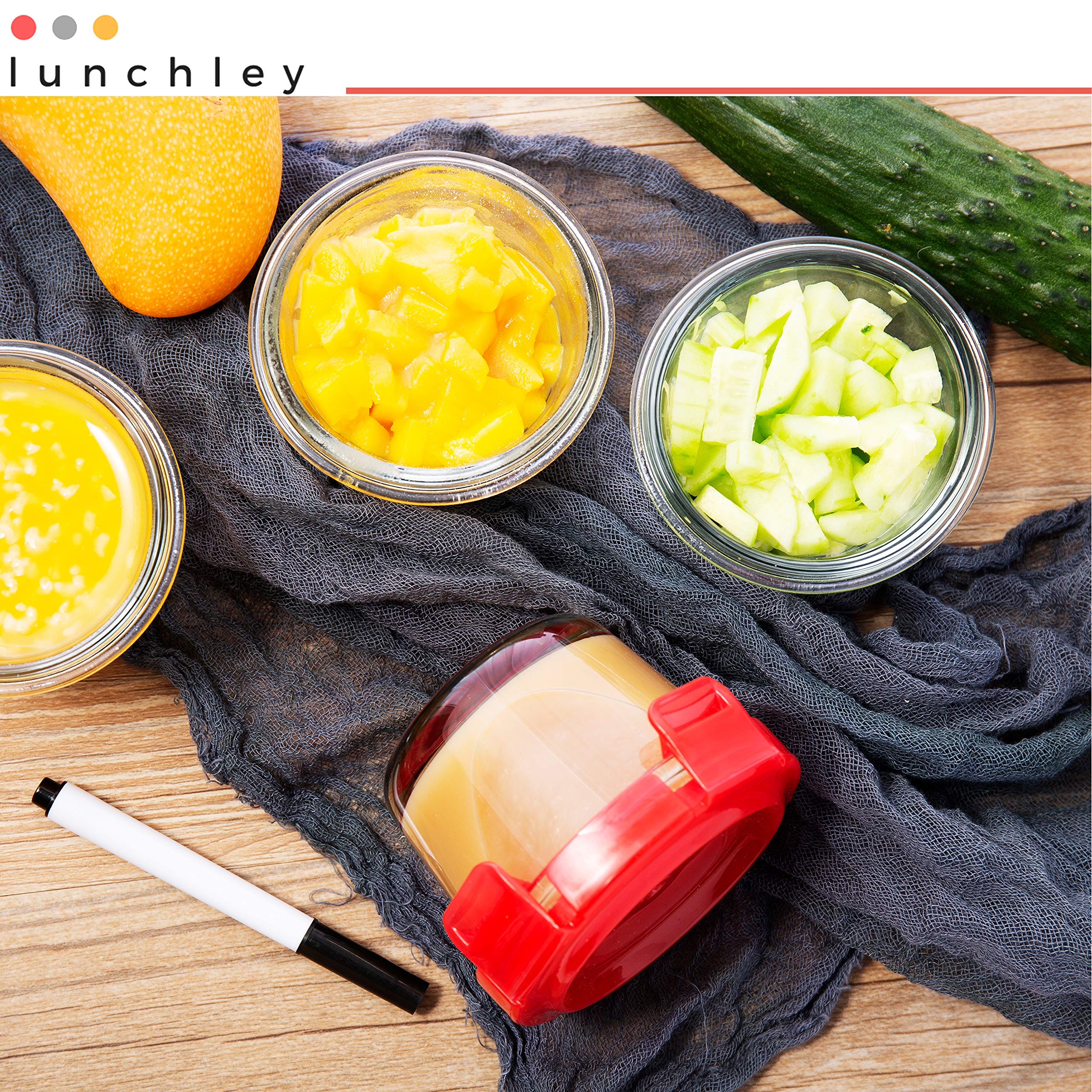 lunchley Glass Food Storage Container 4 oz | Set of 12 | Small Food Jars with Airtight BPA Free Plastic lids | for Food Portion, Dips, Sauces & Overnight Oats | Freezer, Microwave & Dishwasher Safe