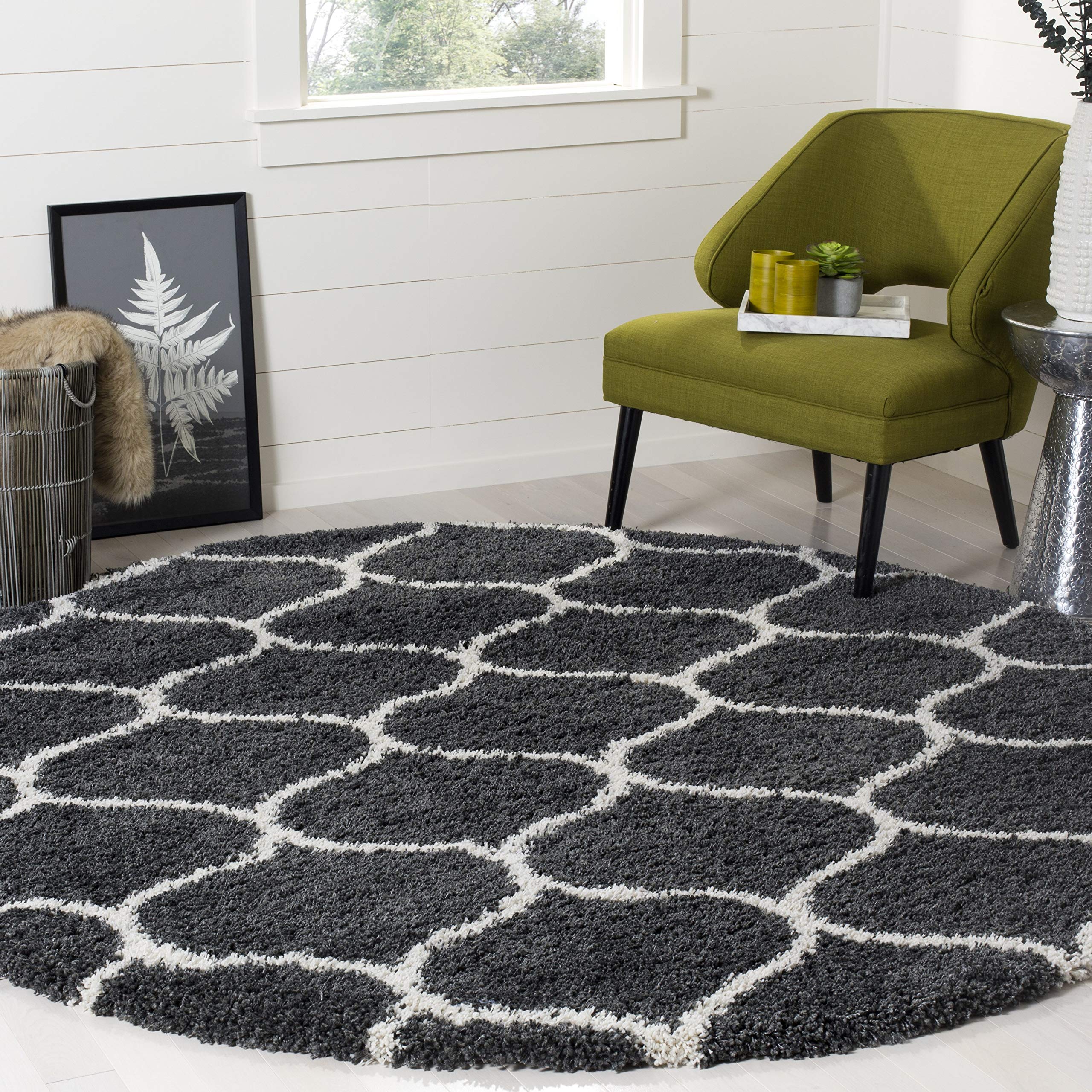 SAFAVIEH Hudson Shag Collection 3' Round Dark Grey/Ivory SGH280G Moroccan Ogee Trellis Non-Shedding Living Room Bedroom Dining Room Entryway Plush 2-inch Thick Area Rug