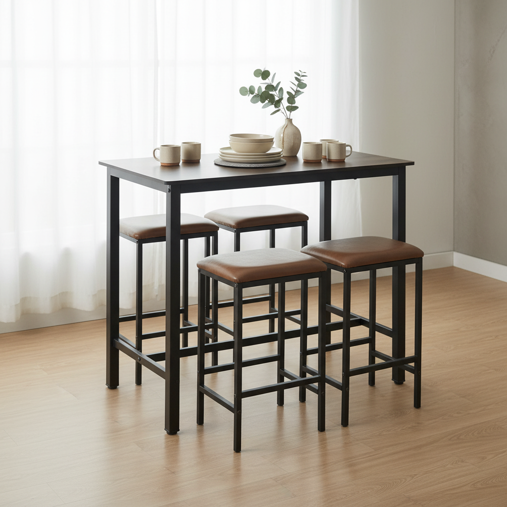 Table à Manger avec 4 Chaises, Ensemble Table et 4 Chaises Rembourrées, Cadre en Métal(Marron) - Gamm vert