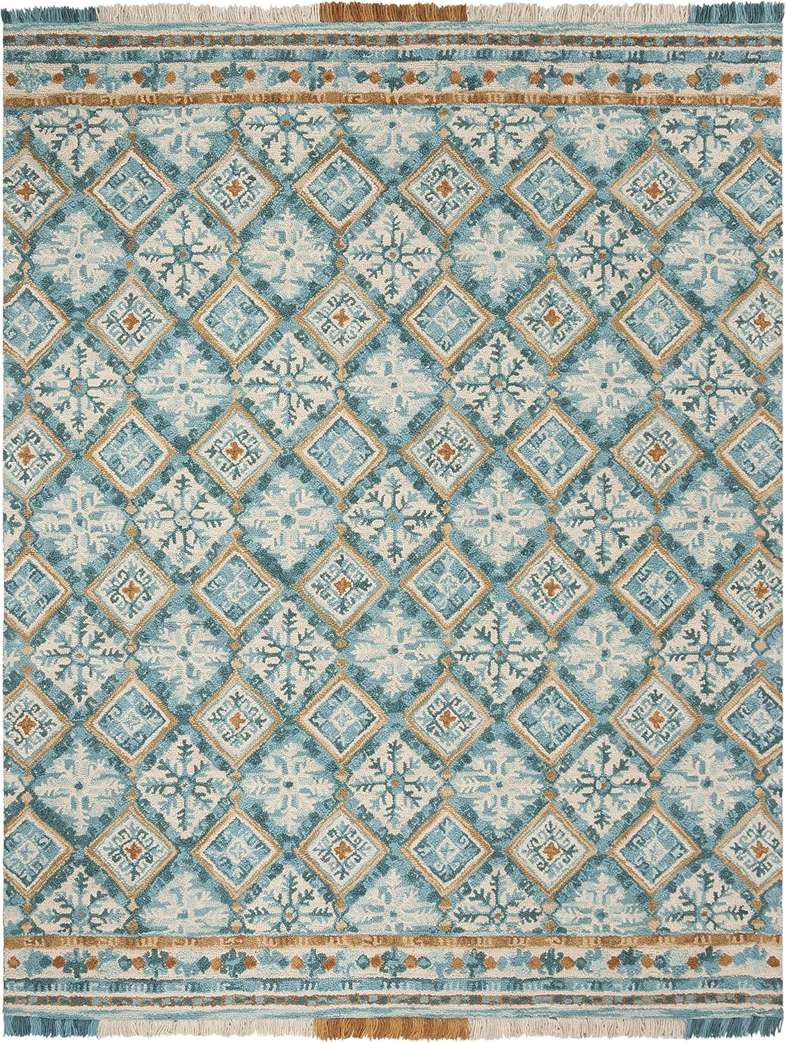SAFAVIEH Blossom Collection 8' x 10' Ivory / Teal BLM421B Handmade Fringe Premium Wool Area Rug