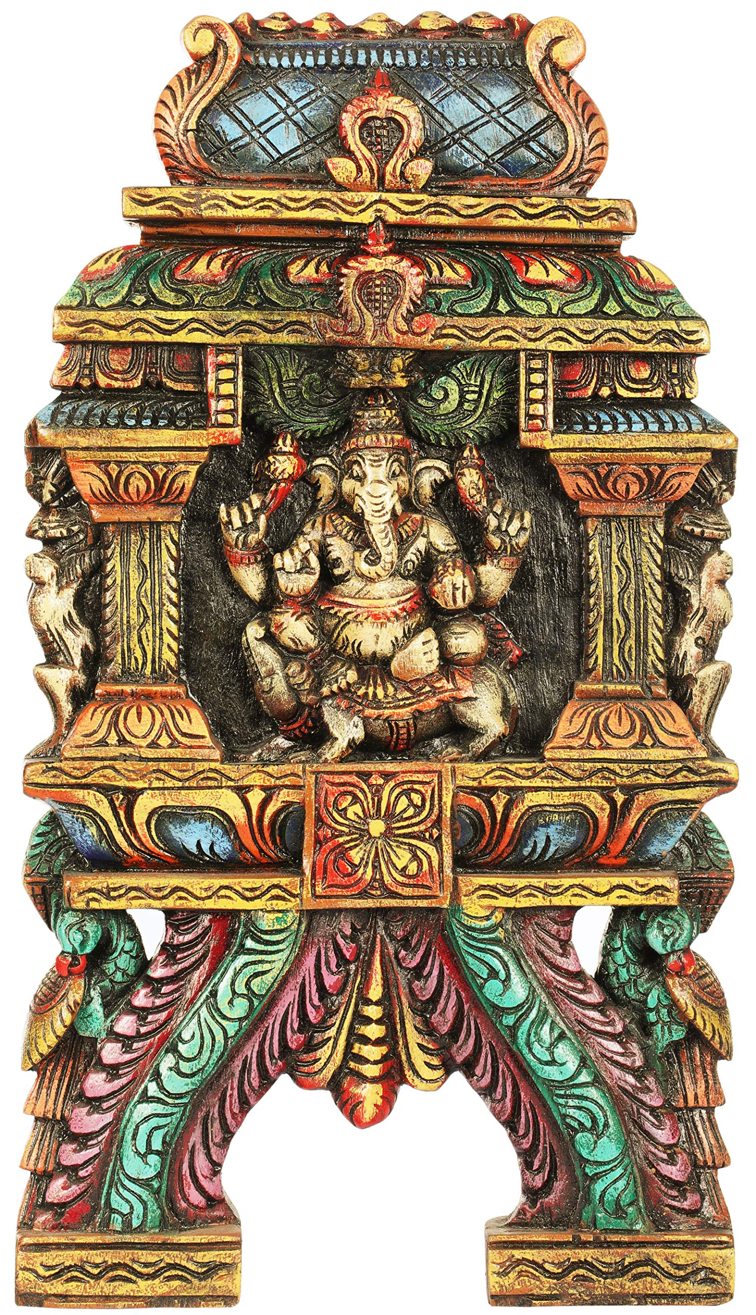 Ganesha décoration murale bois sculpté motif temple indien du Sud