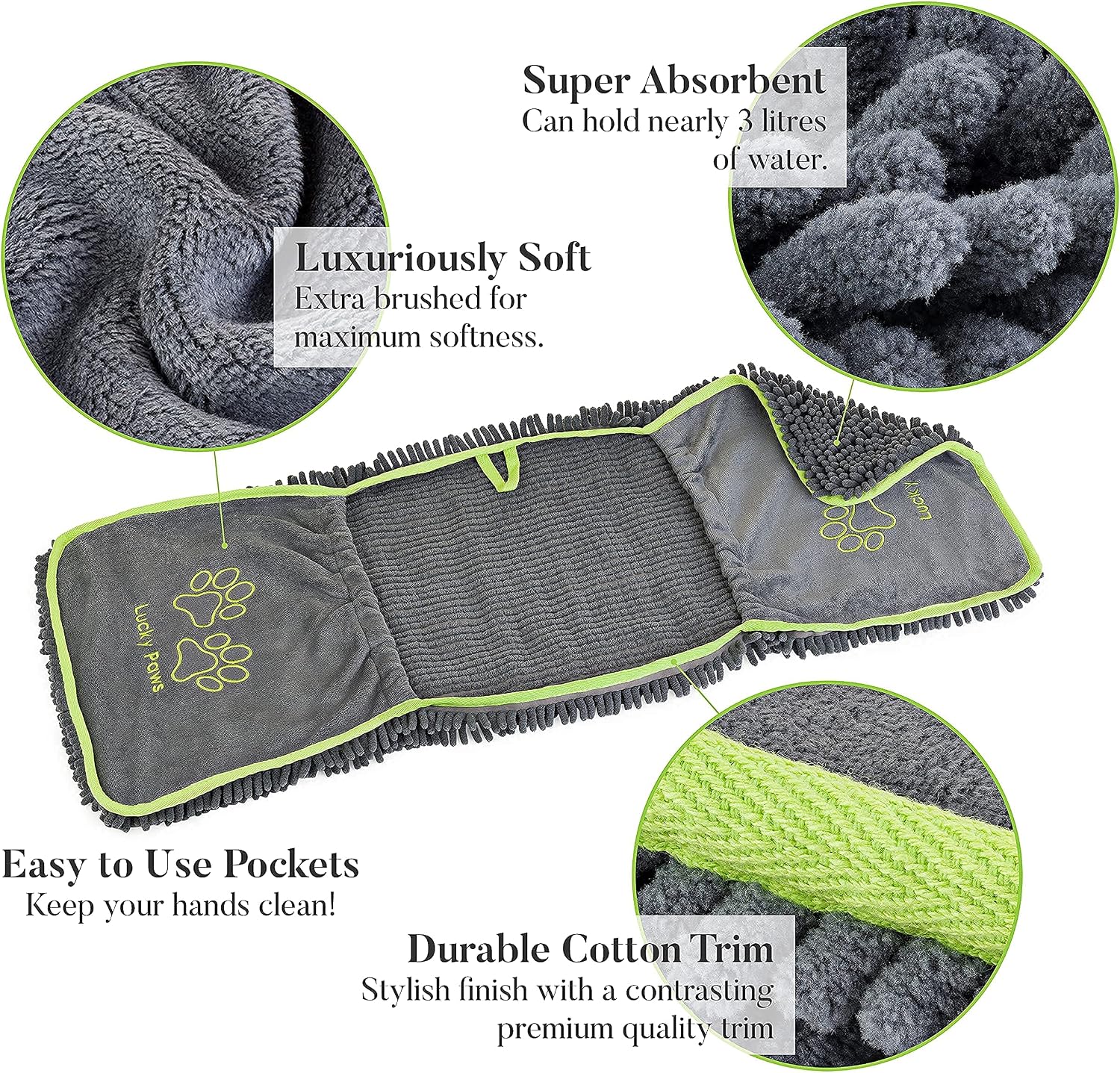 Lucky Paws® Dog Towel, Microfibre Chenille/Noodle Towels, UK Based Seller, Super Soft Pockets, Super Absorbent, Fast Drying - Image 5