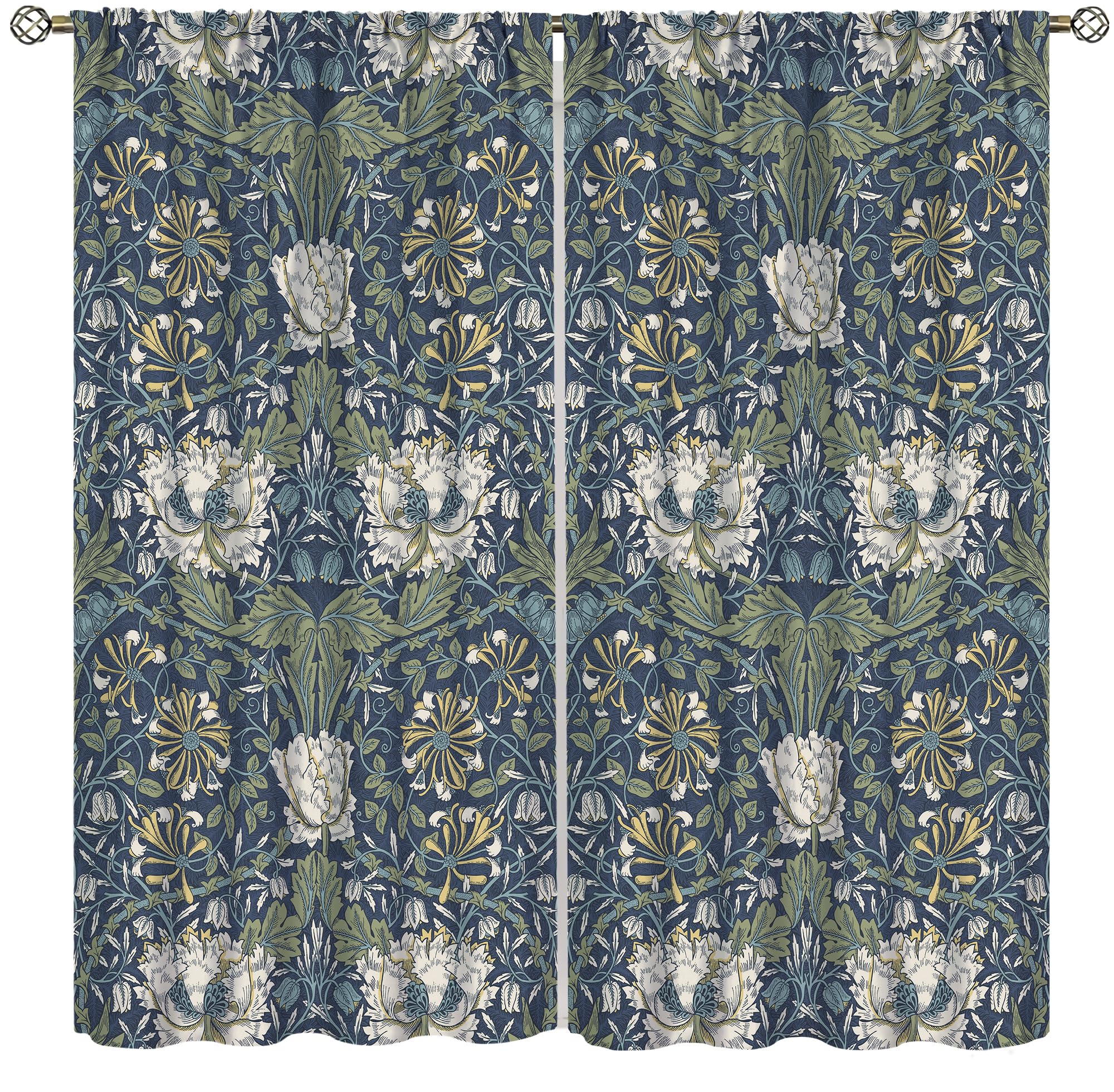 William Morris Floral Curtains, Watercolor Vintage Flower Art Style Room Windows Treatments for Bedroom Living Room, Boho Chic Green Floral Printed