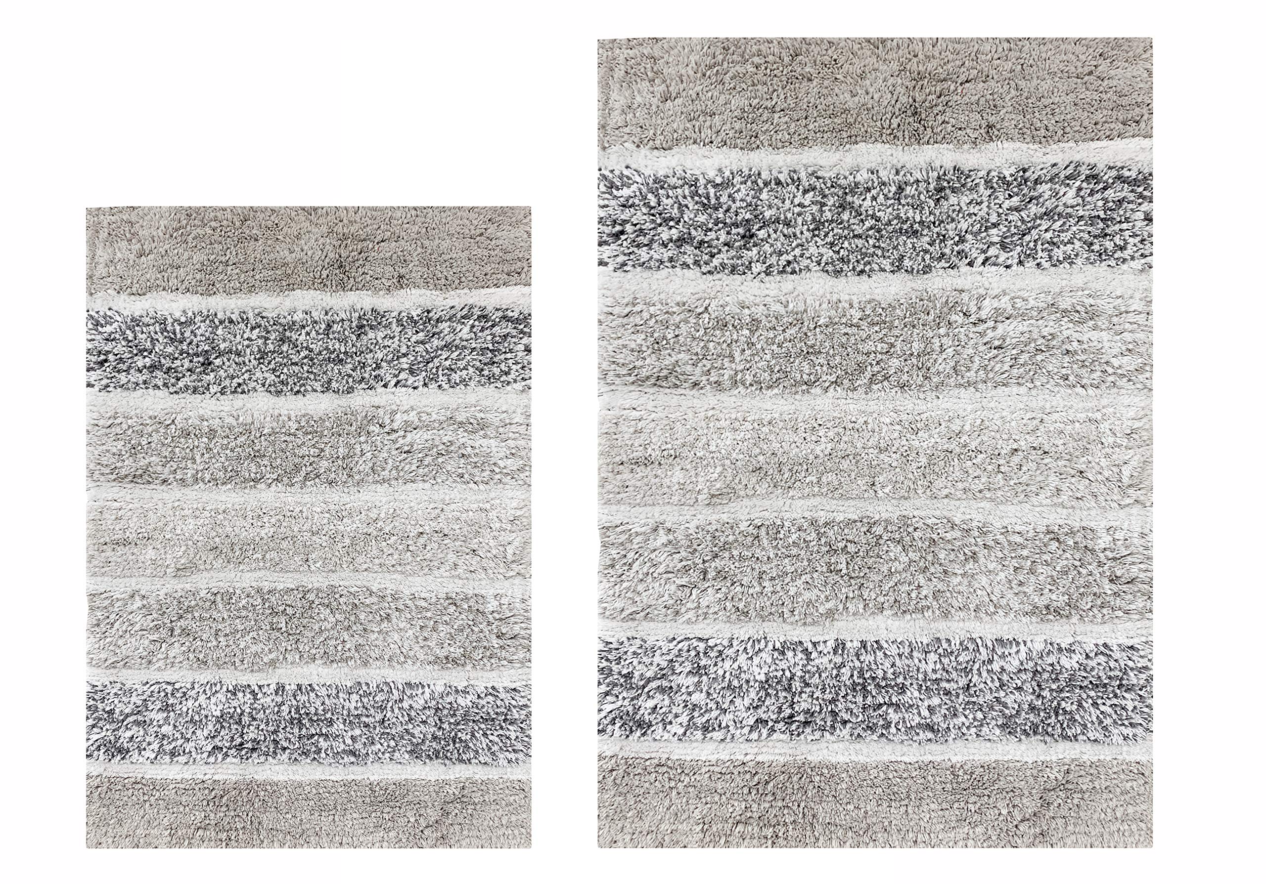Ramanta Home Quilted Stripe 100% Cotton Bath Rug Set of 2 - Light Grey, Anti Skid Super Soft Absorbent Bath Mats for Bathroom, Shower, Kitchen, Entryway, Machine Washable - 21x32 & 17x24 Inch