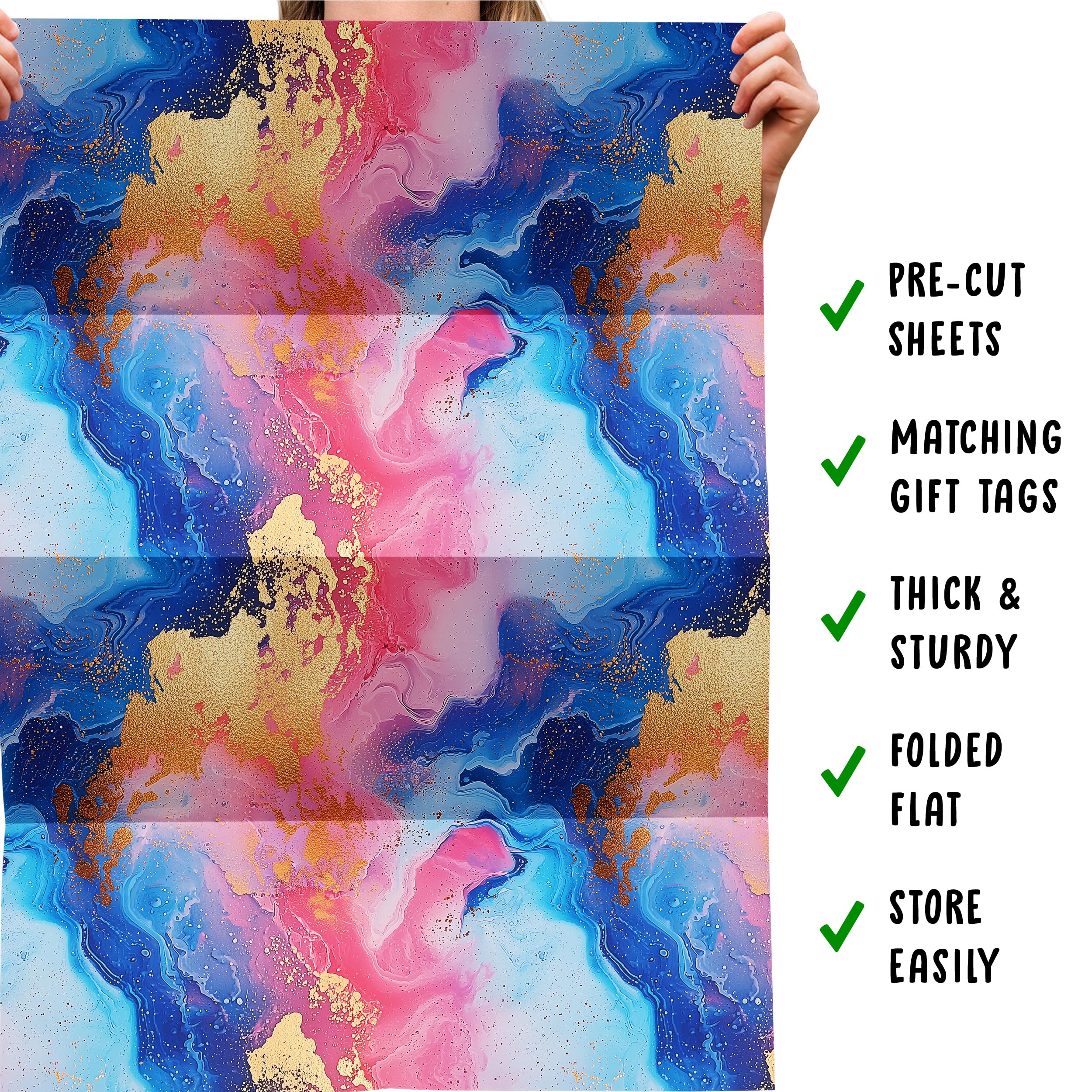 Carta Da Regalo Central 23 - Stampa Marmorizzata Blu E Oro, 6 Fogli 70x50 Cm, Con Adesivi