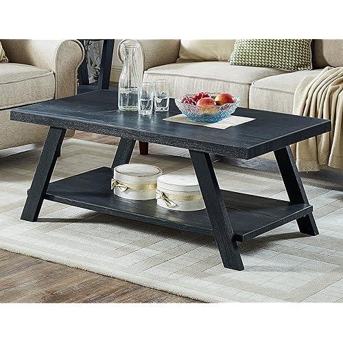 Roundhill Furniture Athens Contemporary Replicated Wood Shelf Coffee Table in Black Finish