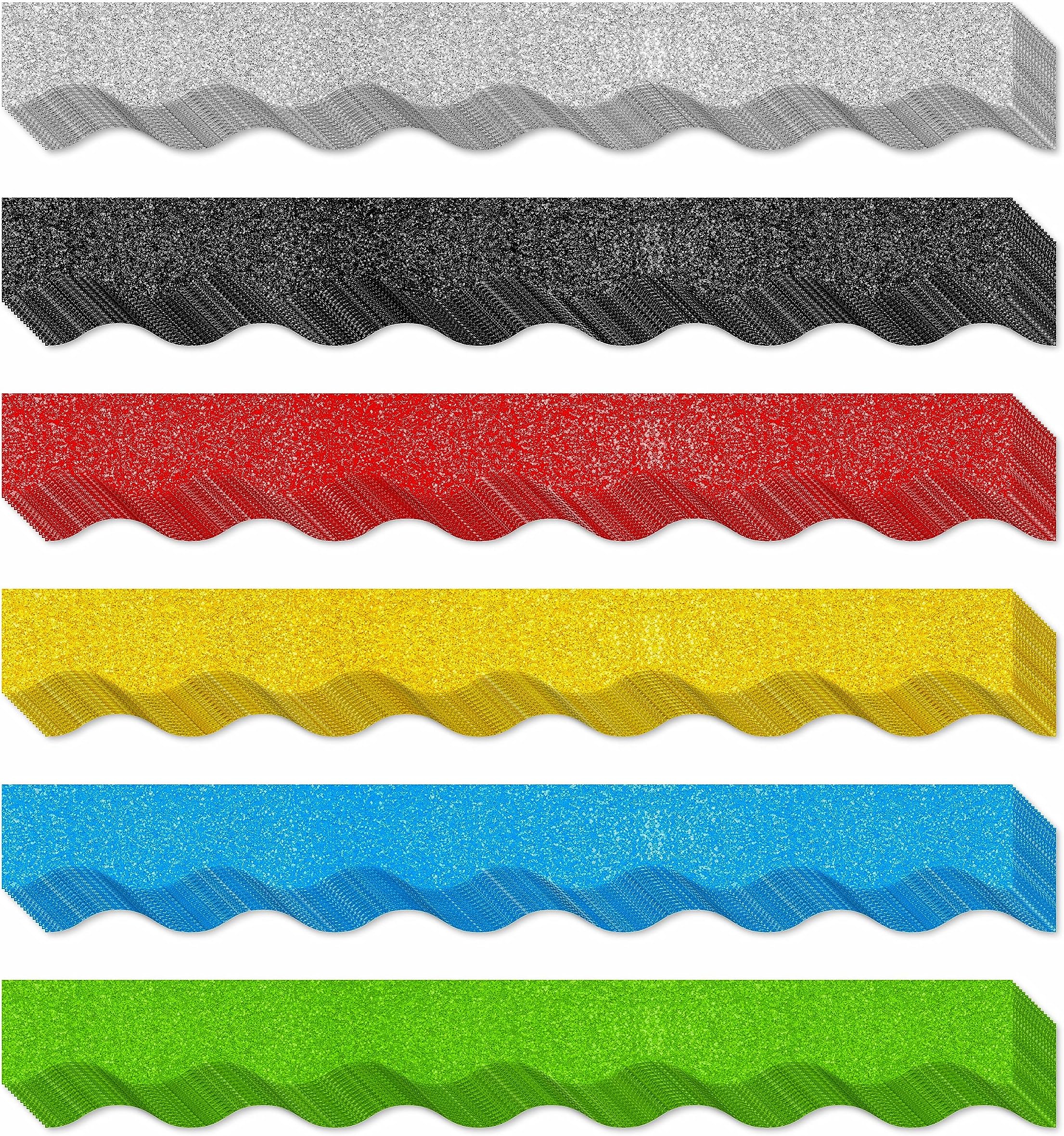 60 Feet Bulletin Board Borders, 45 Sheets Glitter Scalloped Border Trim Holiday Decoration for School, Classroom Office Party Wall Decor (6 Colors, Golden/Silvery/Red/Blue/Black/Green)