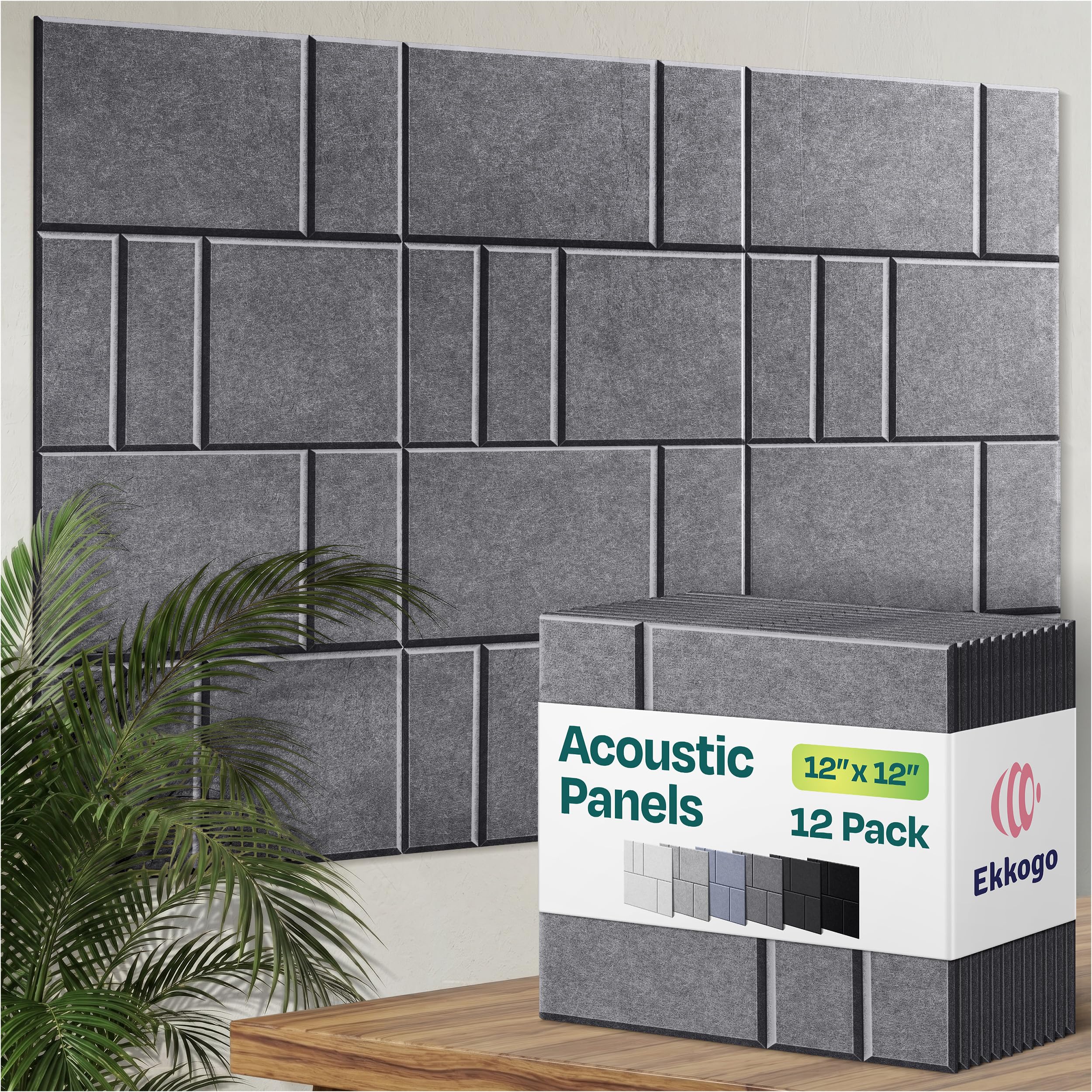 Acoustic Panels 12-Pack Soundproof Wall Panels 12"x12"x0.4" Decorative Sound Dampening for Your Home, Office, Studio, Bedroom &amp; More with Unique GridFrame Carving [Pebble Gray]