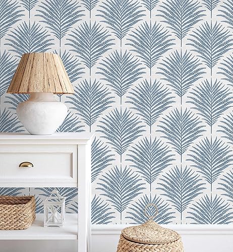 Rugreat Papel tapiz de color azulblanco para despegar y pegar, papel de contacto moderno de hoja de palmera para armarios, autoadhesivo, extraíble,