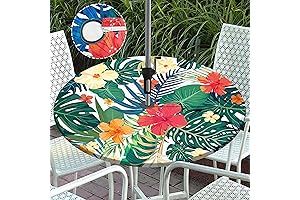 Stunning Palm Leaves Decor Outdoor Round Tablecloth with Umbrella Hole - Vibrant...